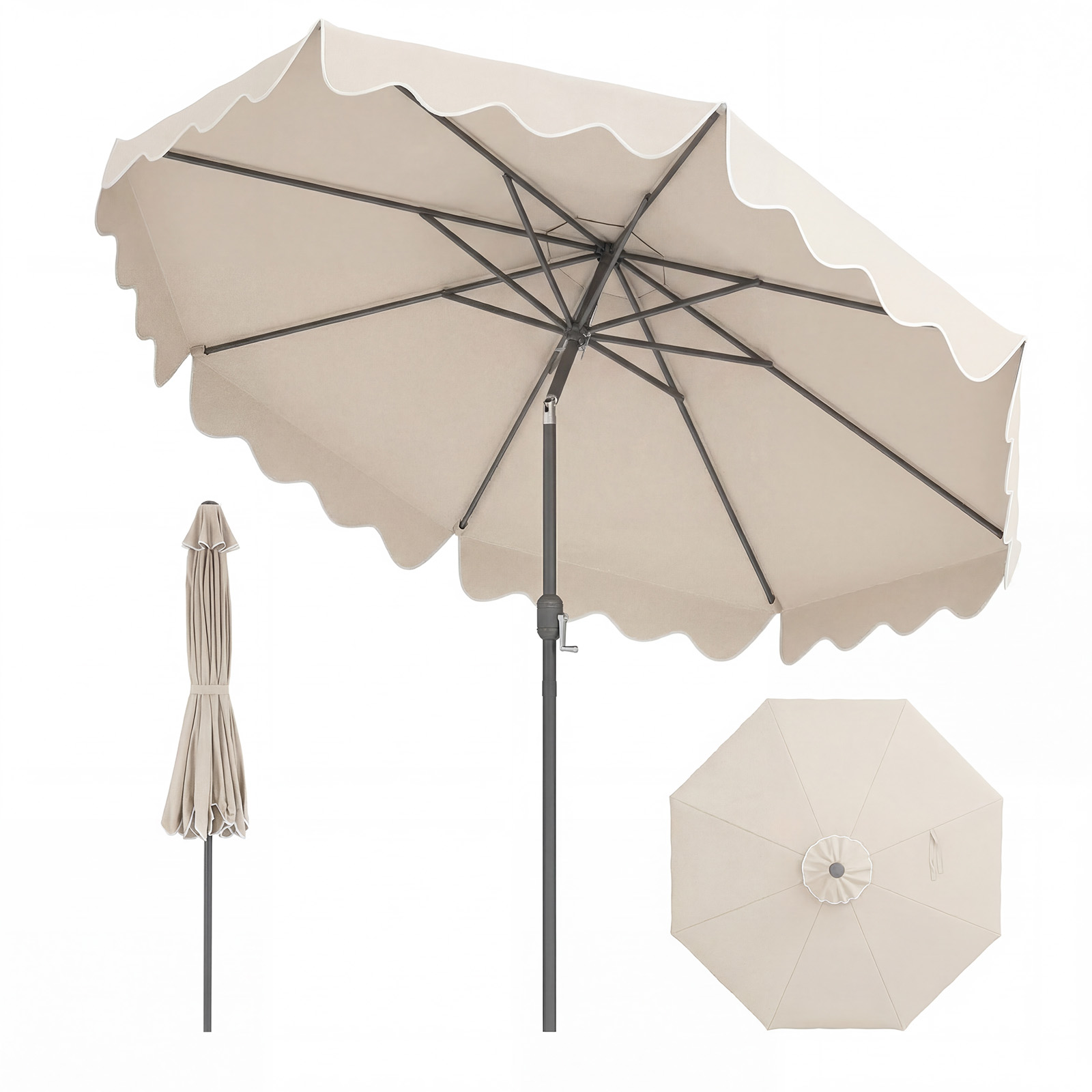 270cm Sombrilla con Volantes Inclinación Ajustable 8 Varillas Metálicas Toldo Doble Capa para Terraza Piscina Beige Costway