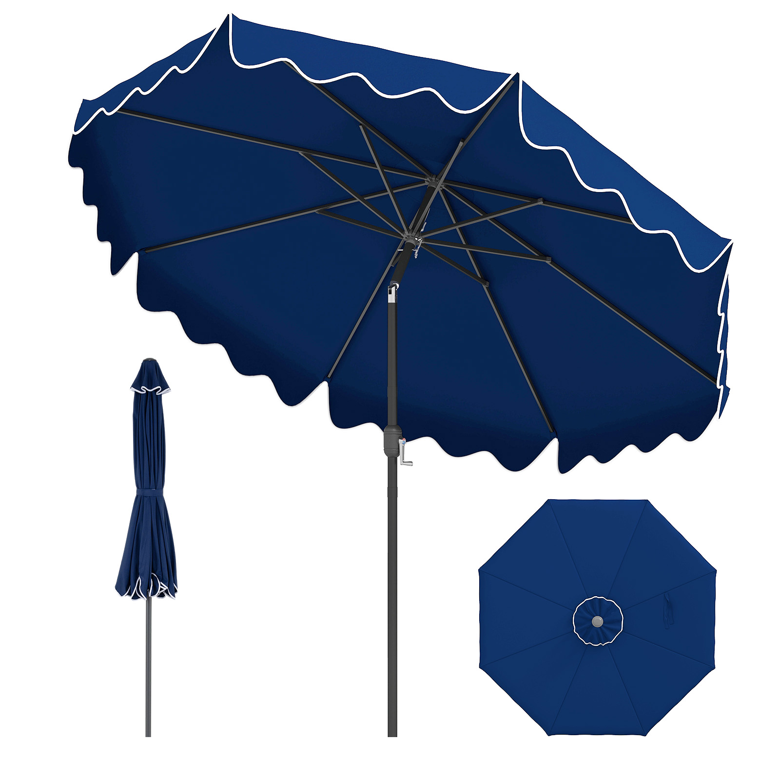 270cm Sombrilla con Volantes Inclinación Ajustable 8 Varillas Metálicas Toldo Doble Capa para Terraza Piscina Azul Oscuro Costway