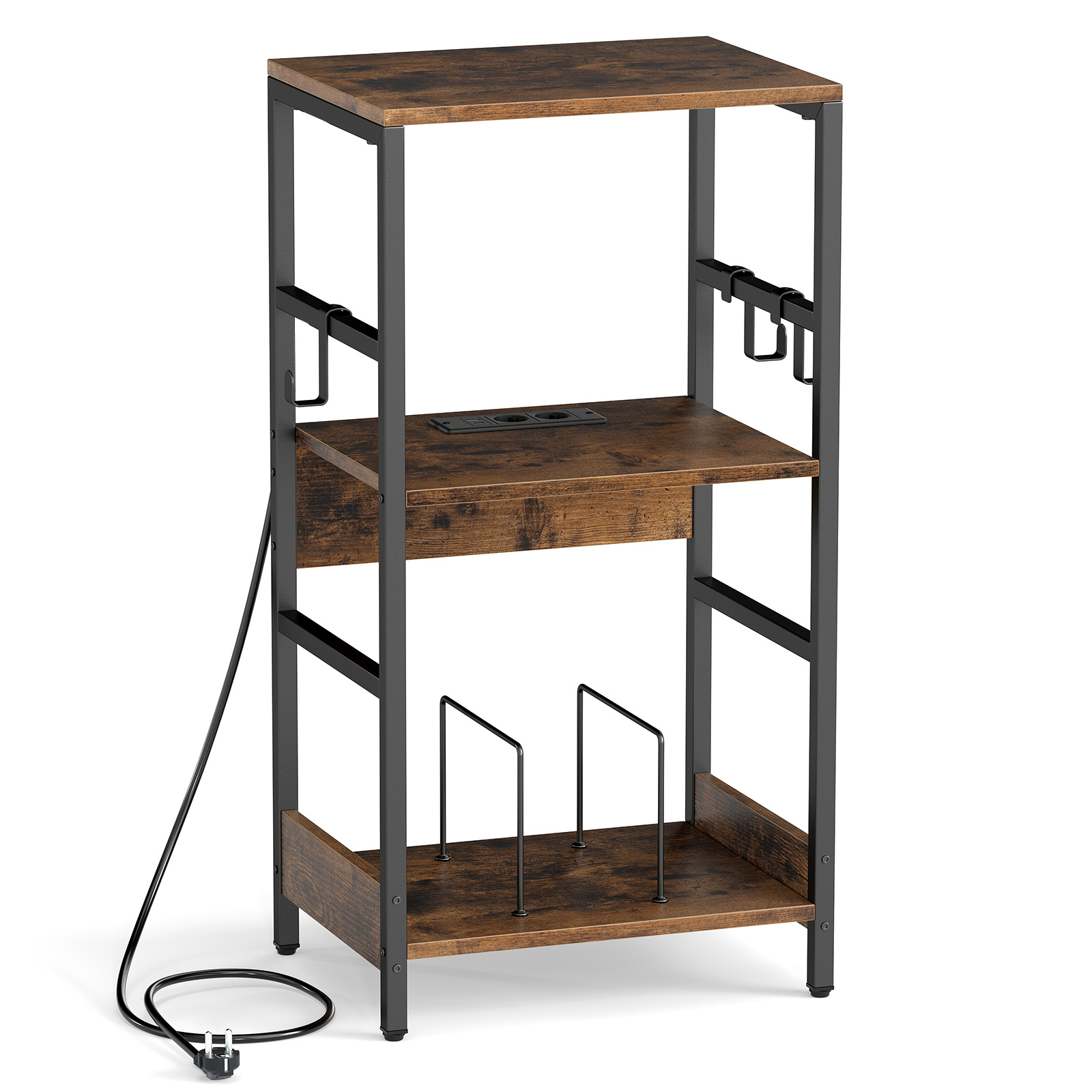 Costway Soporte Tocadiscos con Estación Carga Estante Vinilos Separadores 3 Ganchos Patas Metálicas 3 Niveles para Salón Marrón Rústico