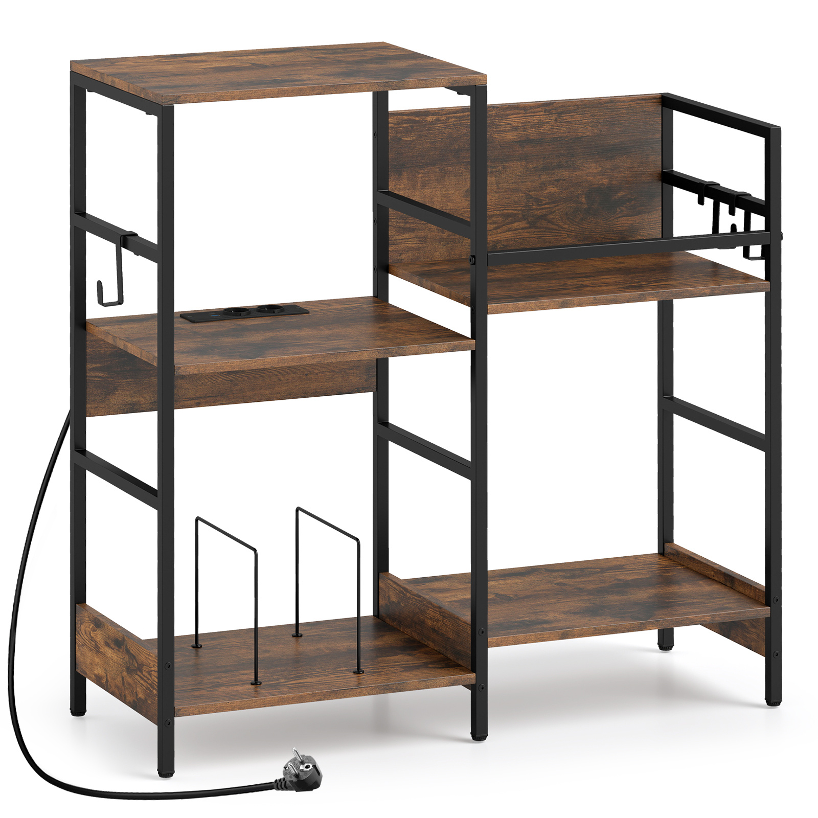 Soporte para Tocadiscos con Estación Carga 3 Niveles Estantes Abiertos Ganchos Barras Anticaídas para Salón Dormitorio Marrón Rústico Costway