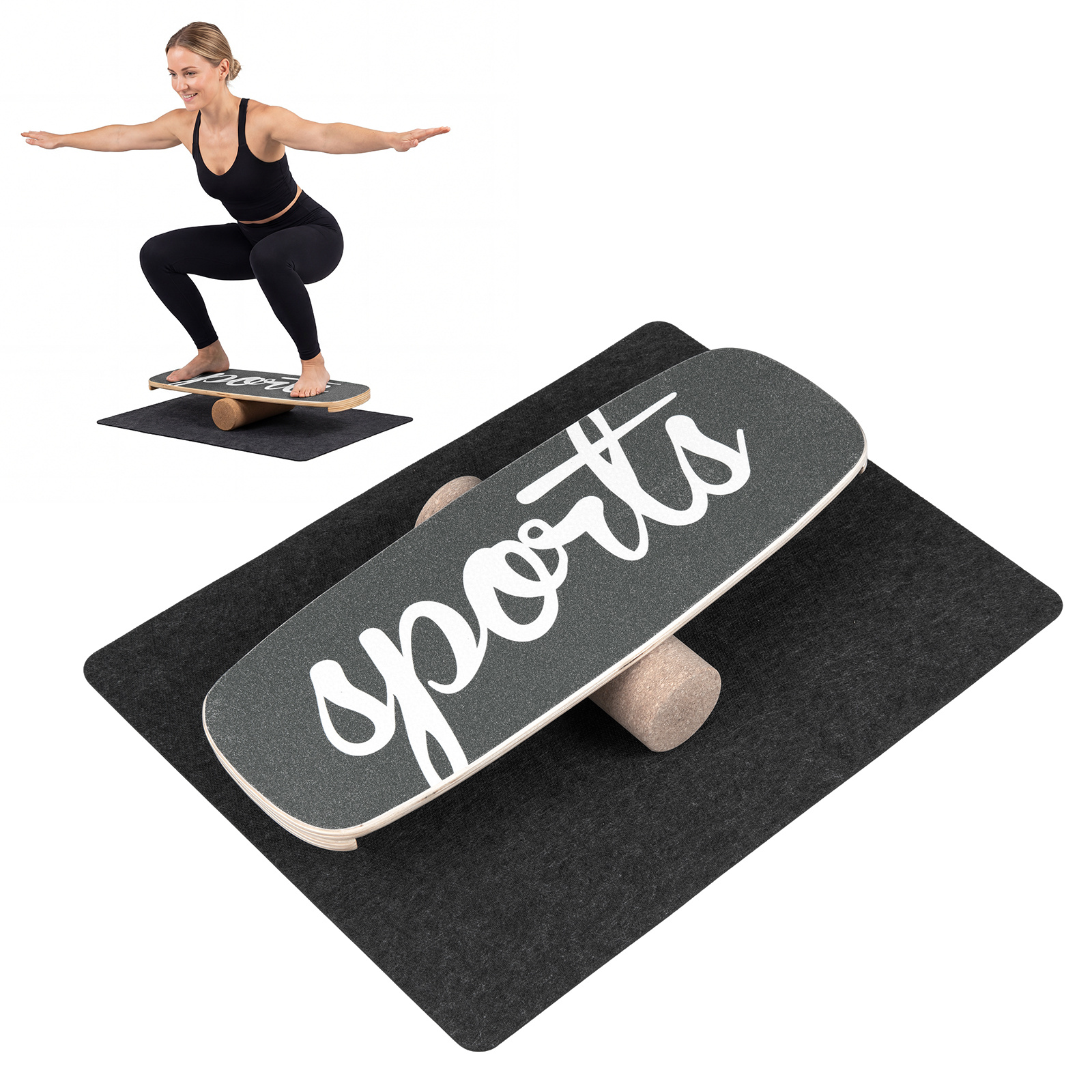 Tabla de Equilibrio de Madera con Rodillo de Corcho Superficie Antideslizante Topes para Surf Niños Adultos Carga 100kg Negro Costway