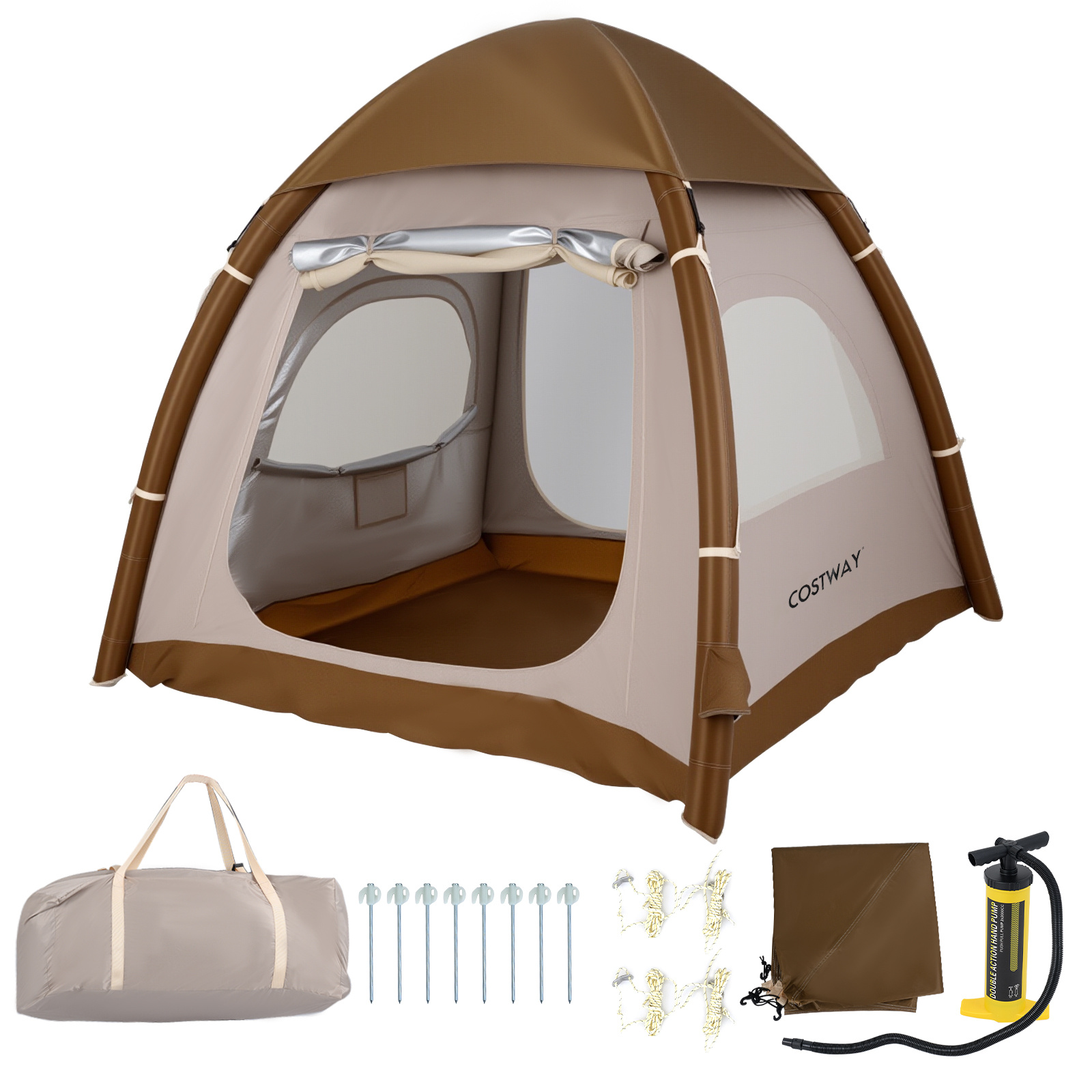 Tienda de Campaña Hinchable para 2-4 Personas con Bomba Aire Puertas y Ventanas de Malla Estacas Cuerdas Bolsa Transporte Café Costway