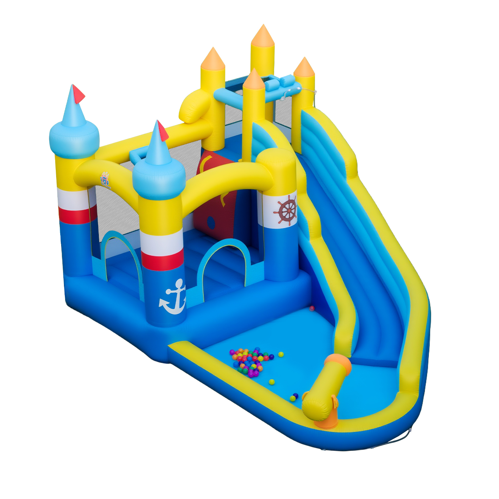 Tobogán Acuático Inflable Infantil con Piscina Cañón de Agua Rocódromo y Baloncesto Sin Soplador Costway