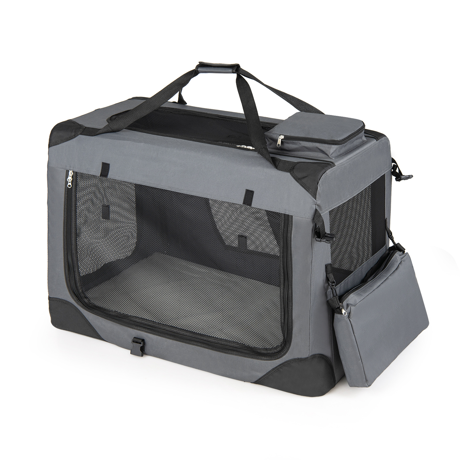 Transportín Plegable Talla L para Mascotas con Ventanas Malla 3 Puertas Cama Felpa y Bolsillos Extraíbles para Interior Exterior Gris Costway