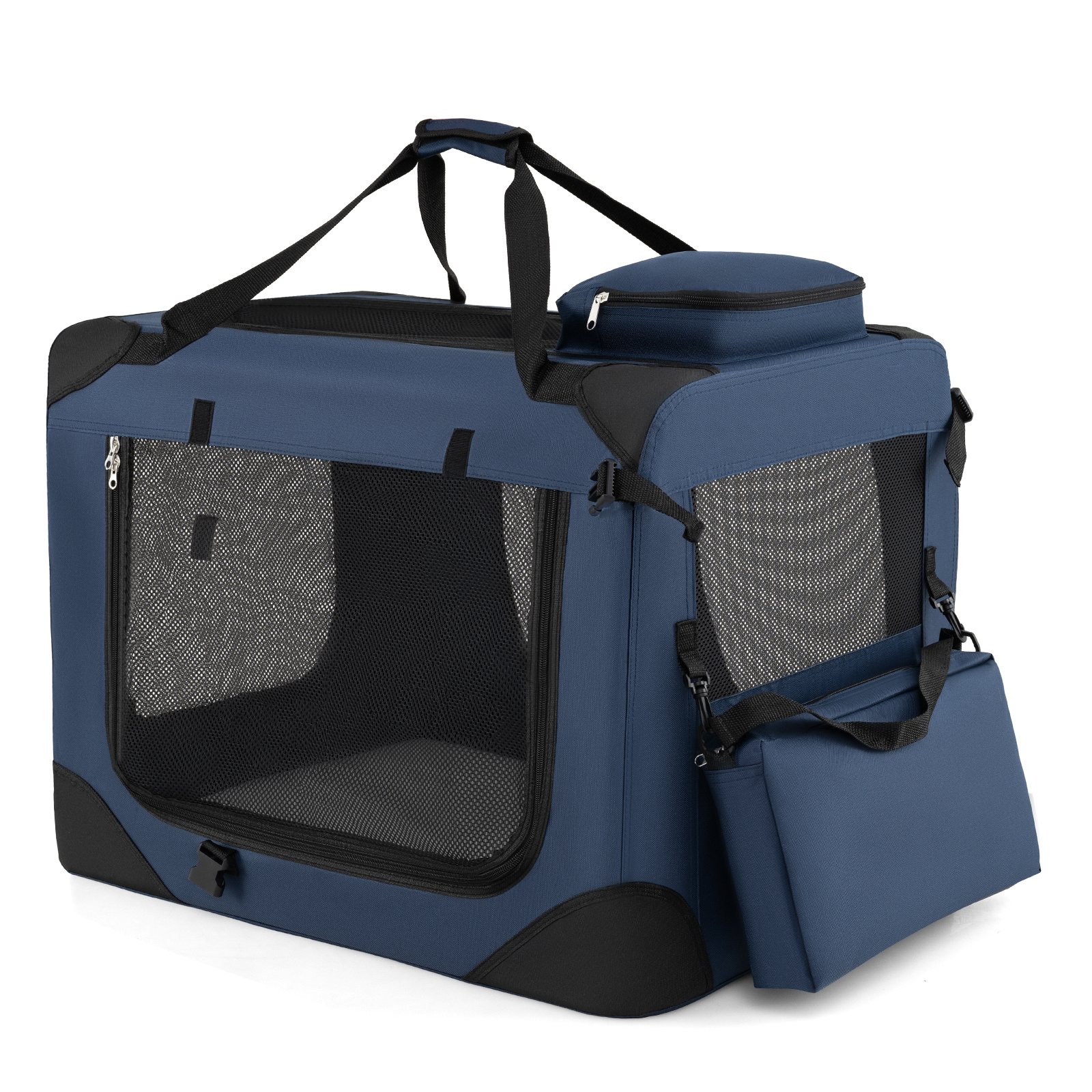 Transportín Plegable Talla M para Mascotas con Ventanas Malla 3 Puertas Cama Felpa y Bolsillos Extraíbles para Interior Exterior Azul Costway