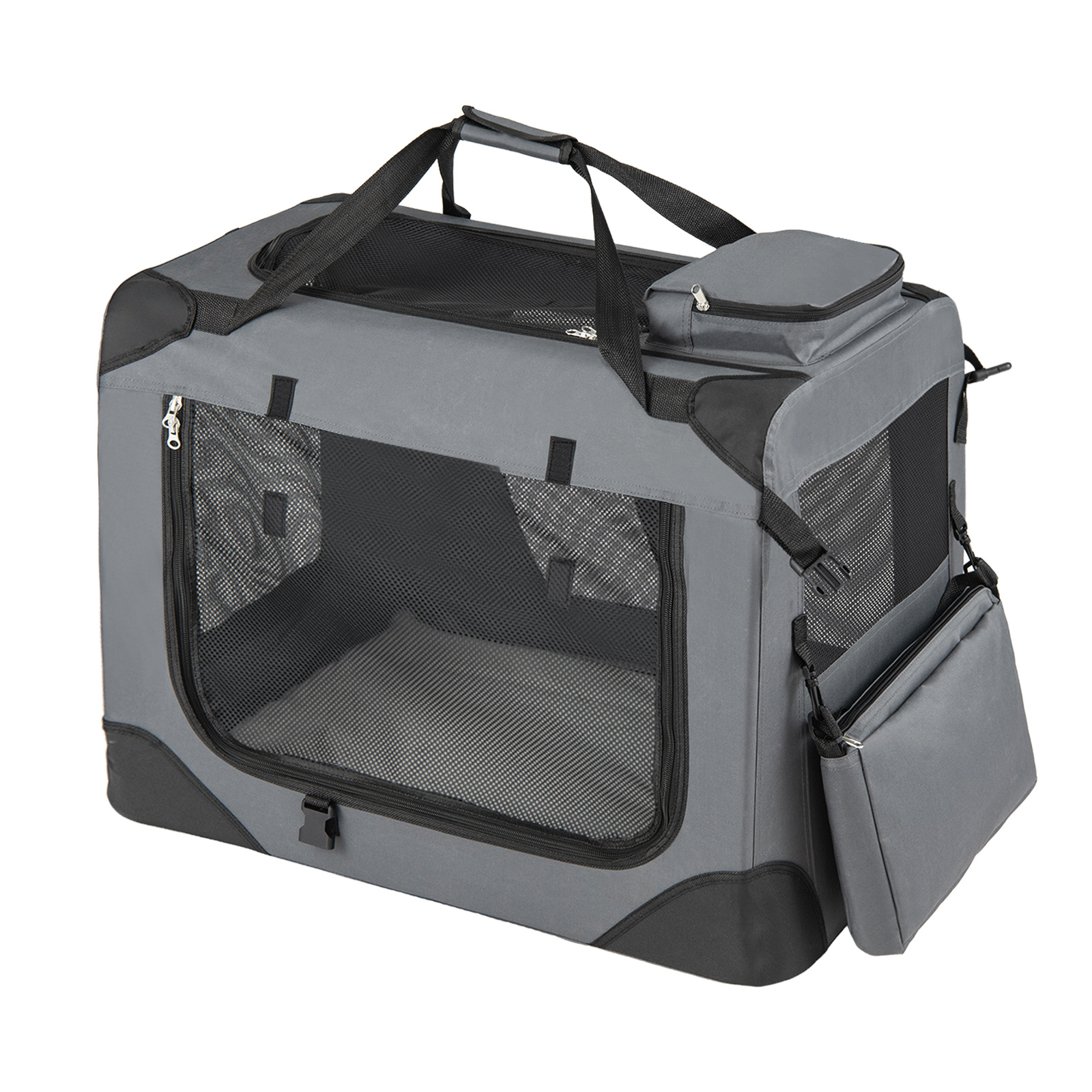 Transportín Plegable Talla M para Mascotas con Ventanas Malla 3 Puertas Cama Felpa y Bolsillos Extraíbles para Interior Exterior Gris Costway