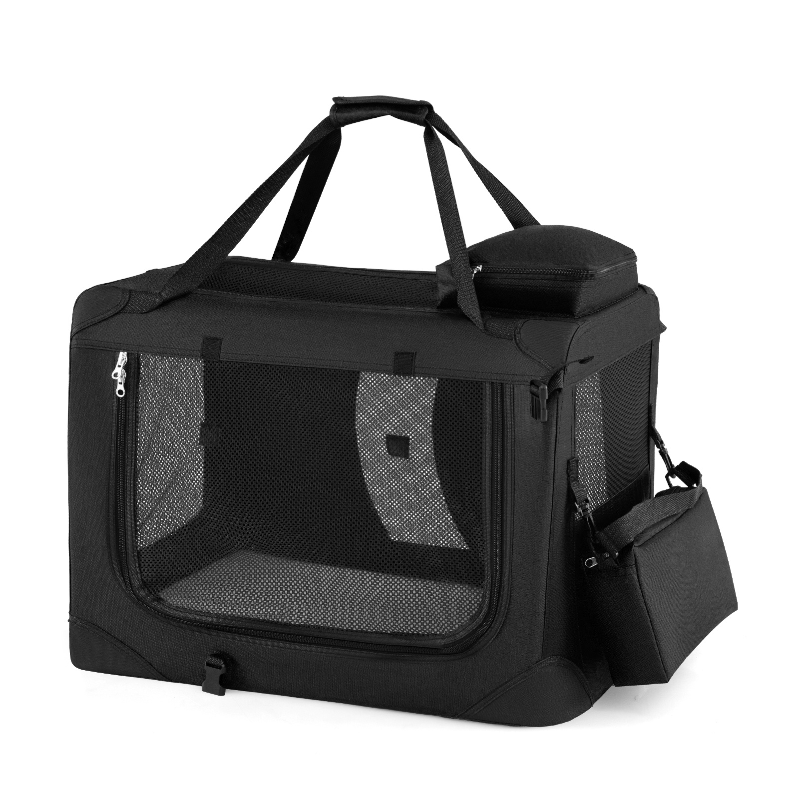 Transportín Plegable Talla S para Mascotas con Ventanas Malla 3 Puertas Cama Felpa y Bolsillos Extraíbles para Interior Exterior Negro Costway