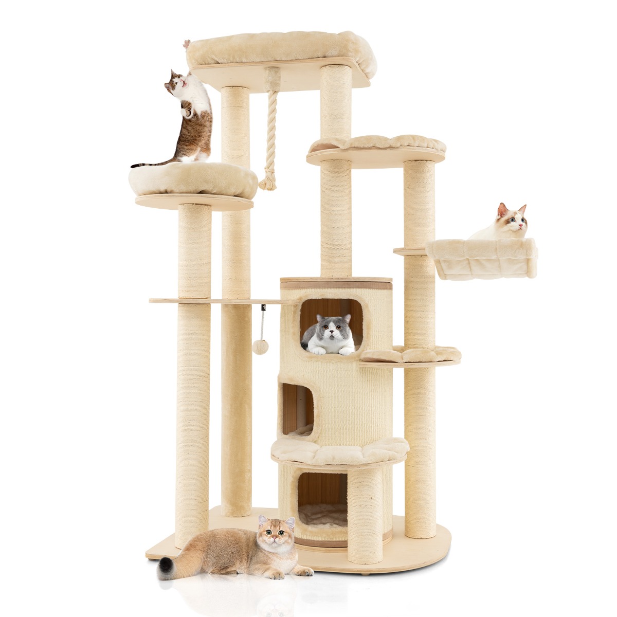 Árbol para Gatos de Múltiples Niveles con Postes para Rascar Mueble Moderno para Gatos en Interiores 95 x 68 x 173 cm-Beige Costway