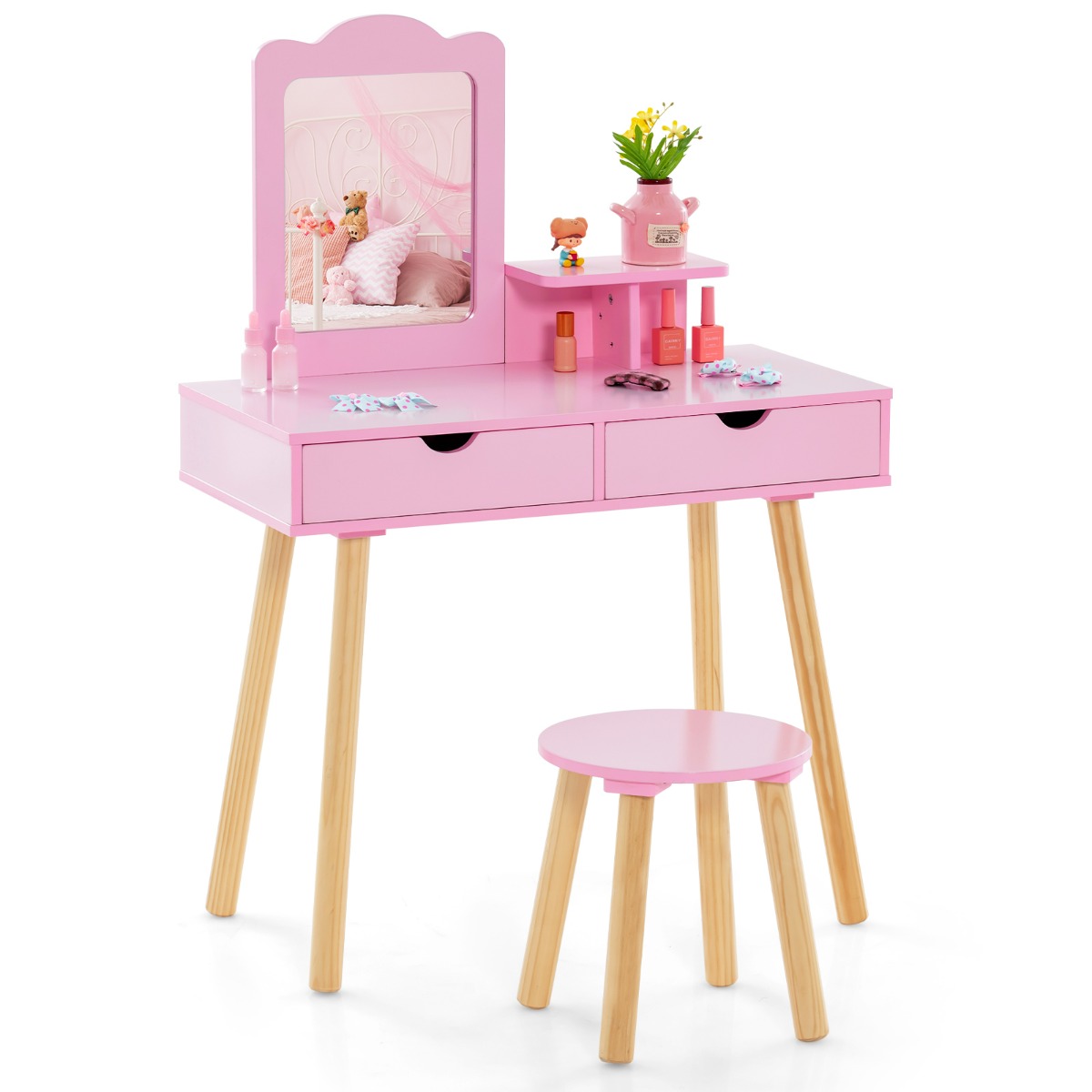 Tocador y Taburete de Madera para Niños con Espejo Rectangular y 2 Cajones Grandes 70 x 34 x 100 cm Rosa Oscuro Costway