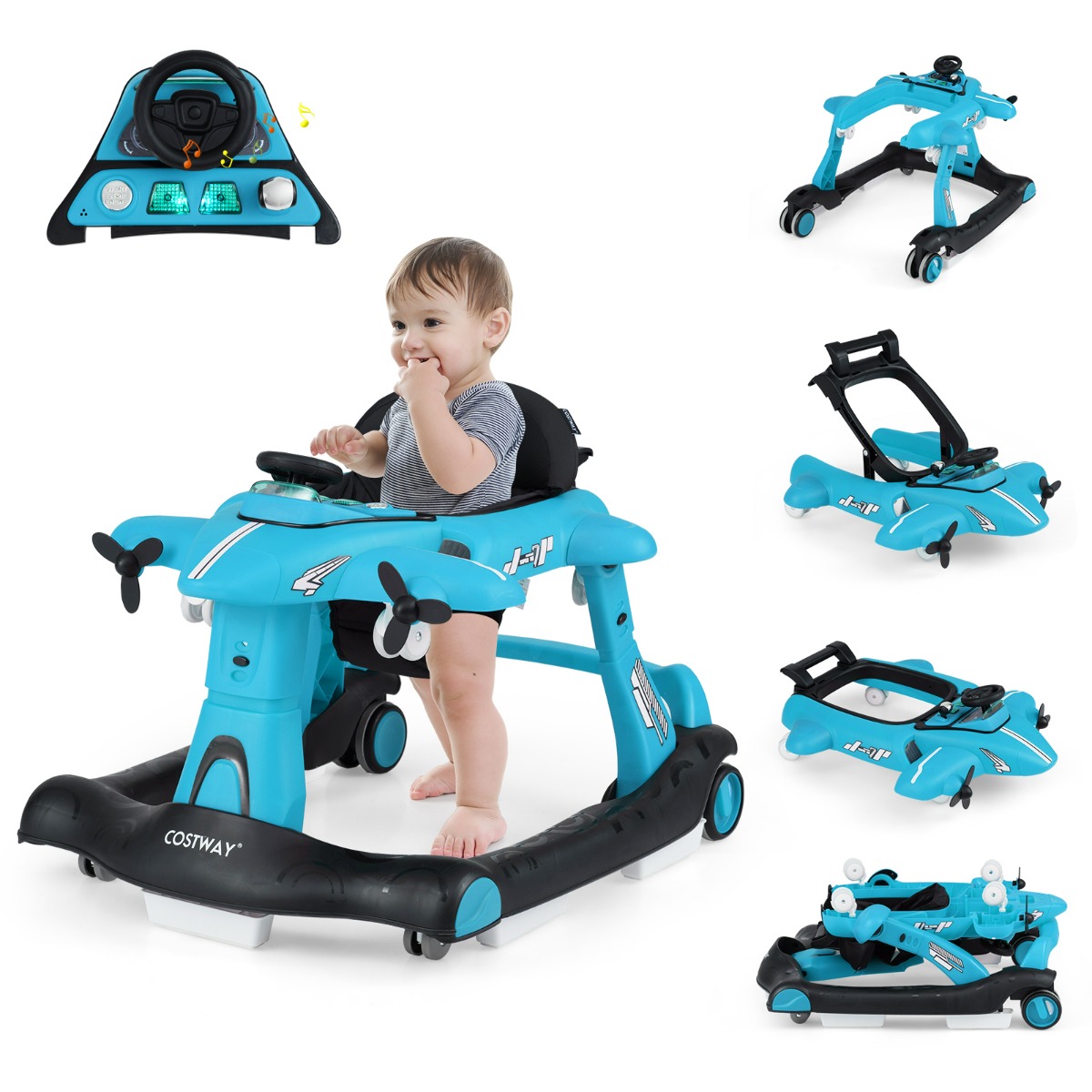 Andador 6 en 1 para Bebés 6-18 Meses Plegable Tema de Avión Altura Ajustable con Bandeja de Comida Centro de Actividades Convertible Azul Costway