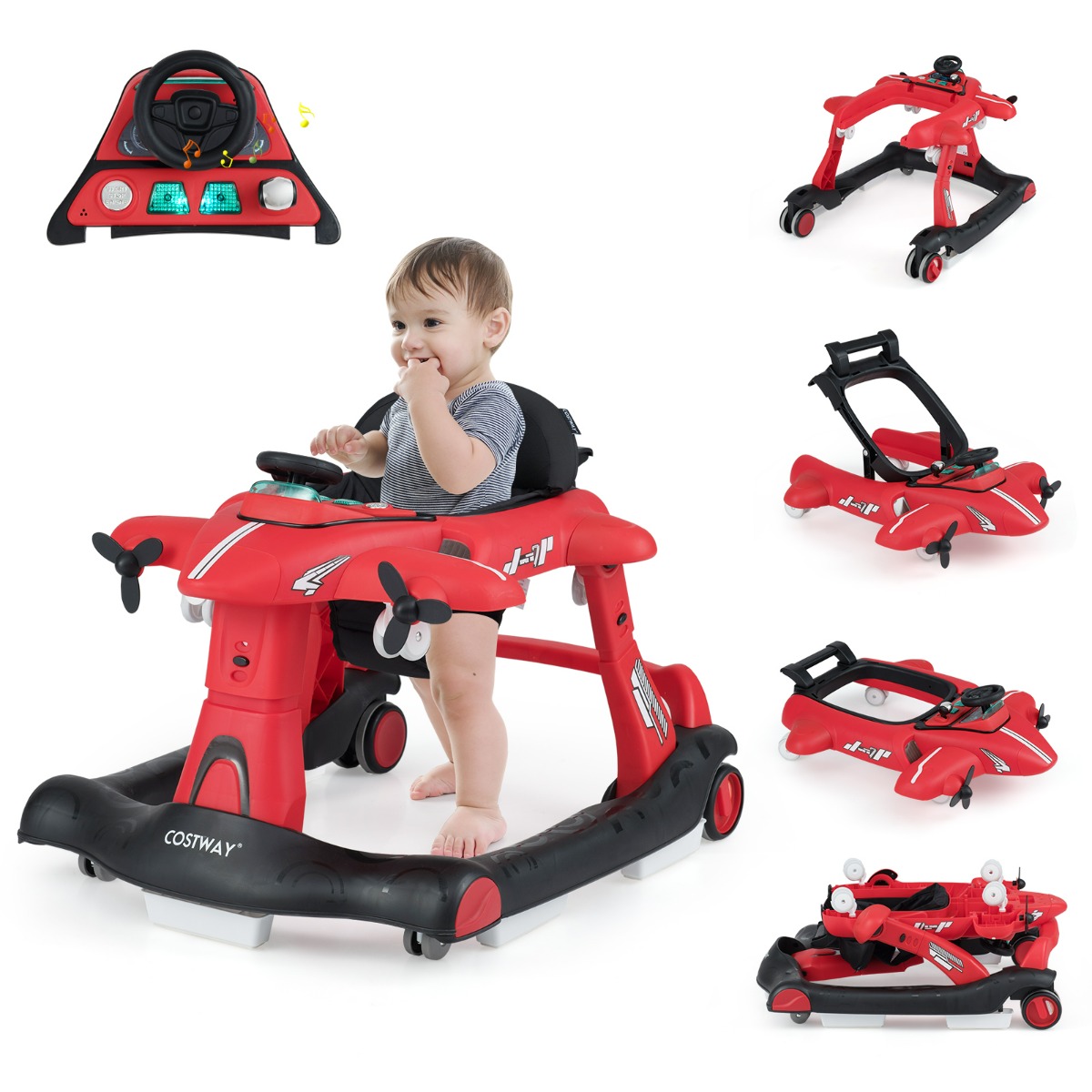 Andador 6 en 1 para Bebés 6-18 Meses Plegable Tema de Avión Altura Ajustable con Bandeja de Comida Centro de Actividades Convertible Rojo Costway