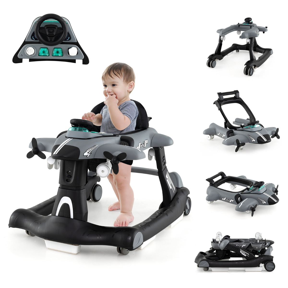 Andador 6 en 1 para Bebés 6-18 Meses Plegable Tema de Avión Altura Ajustable con Bandeja de Comida Centro de Actividades Convertible Gris Costway