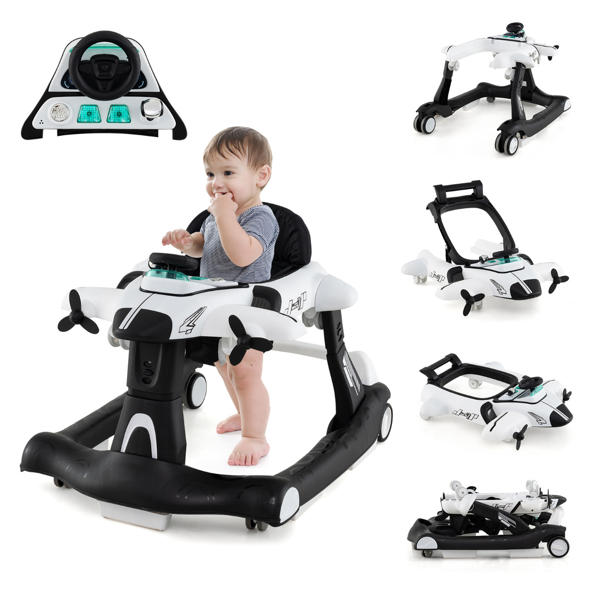 Andador 6 en 1 para Bebés 6-18 Meses Plegable Tema de Avión Altura Ajustable con Bandeja de Comida Centro de Actividades Convertible Blanco Costway