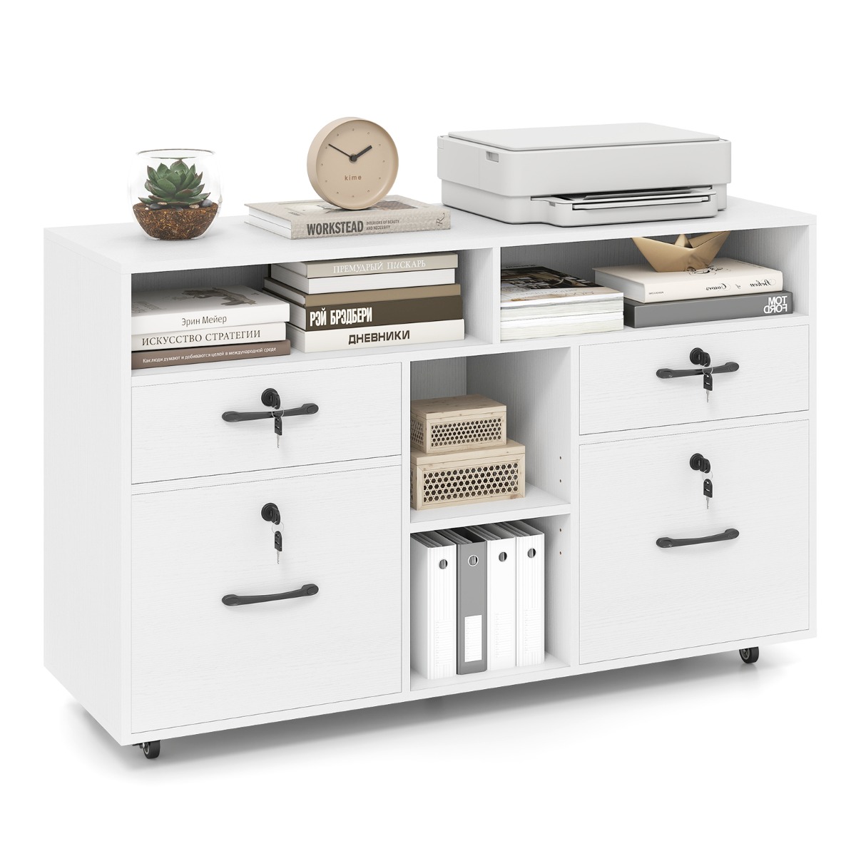 Archivador con Cerradura Organizador de Archivo Lateral Móvil con 4 Cajones Estante Ajustable 104 x 35 x 65,5 cm-Blanco Costway