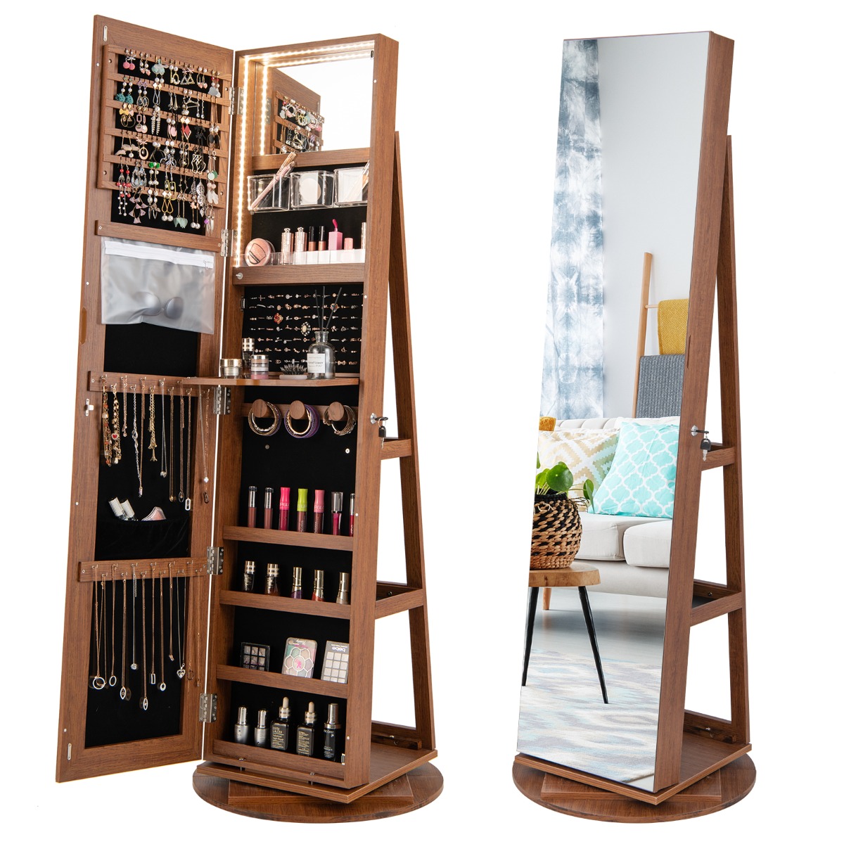 Armario Joyero Giratorio 360°con Luces LED Estantes de Almacenamiento Espejo de Cuerpo Entero 54,5 x 161 cm-Marrón Costway
