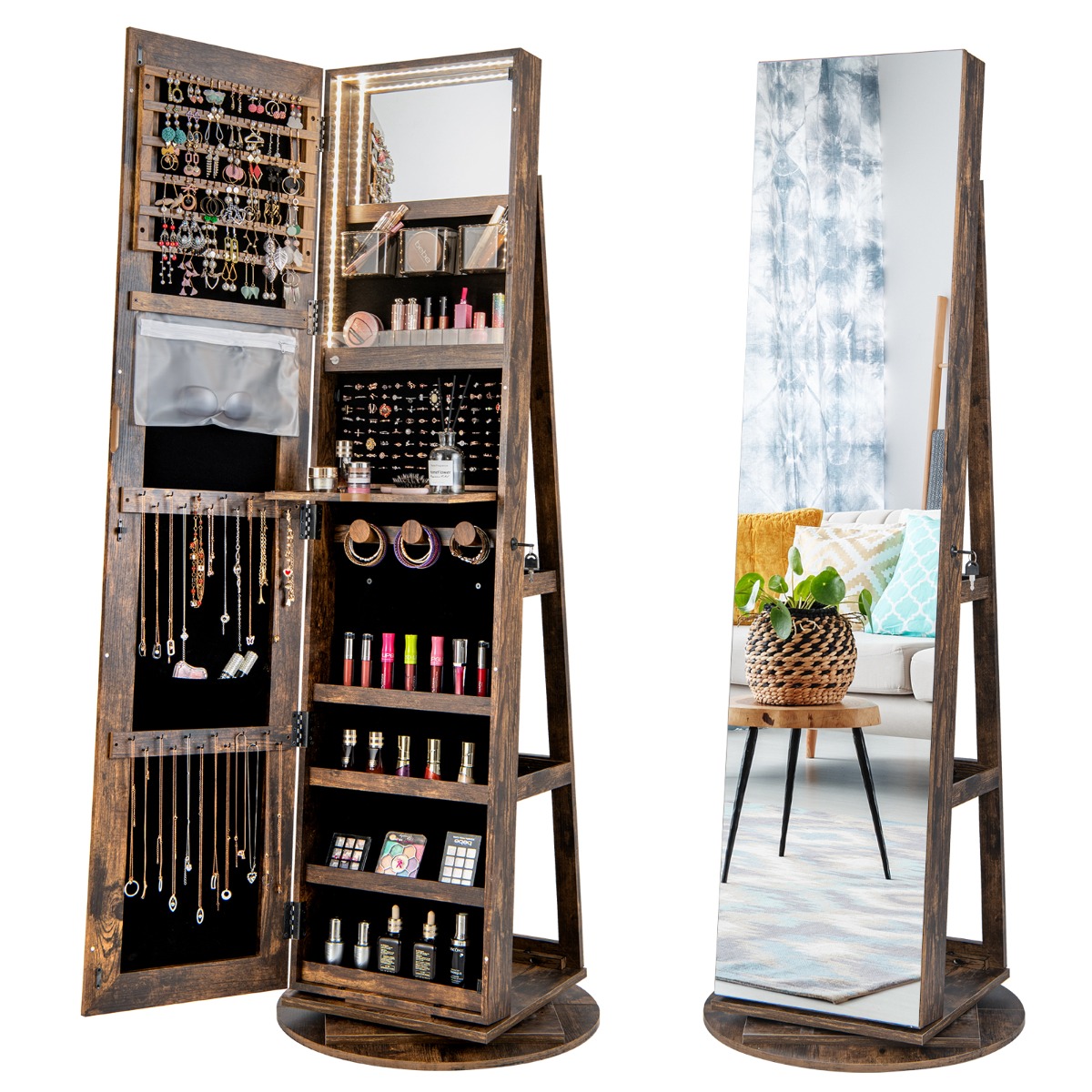 Armario Joyero Giratorio 360°con Luces LED Estantes de Almacenamiento Espejo de Cuerpo Entero 54,5 x 161 cm-Marrón oscuro Costway