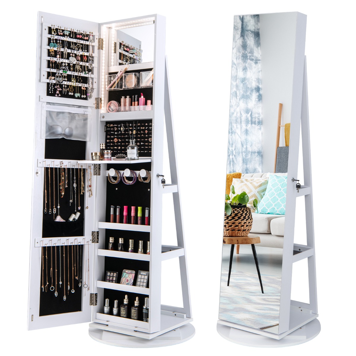 Armario Joyero Giratorio 360°con Luces LED Estantes de Almacenamiento Espejo de Cuerpo Entero 54,5 x 161 cm-Blanco Costway
