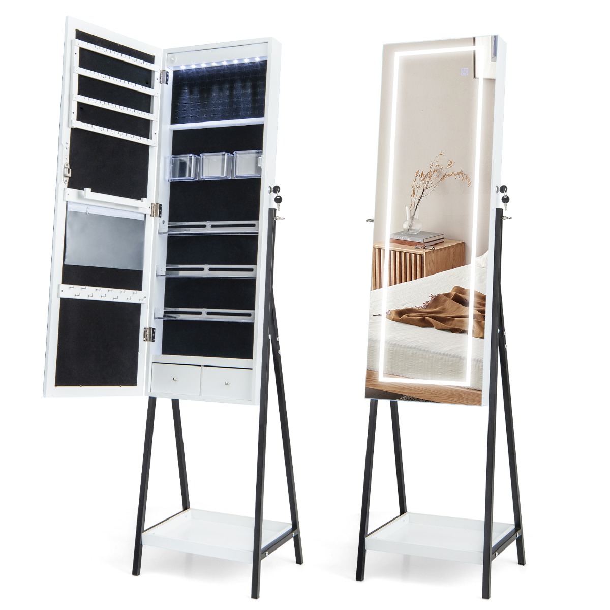 Costway Armario de Joyería Independiente con Espejo LED Cerradura Espejo de Cuerpo Entero Forro de Terciopelo para Dormitorio Vestidor Blanco
