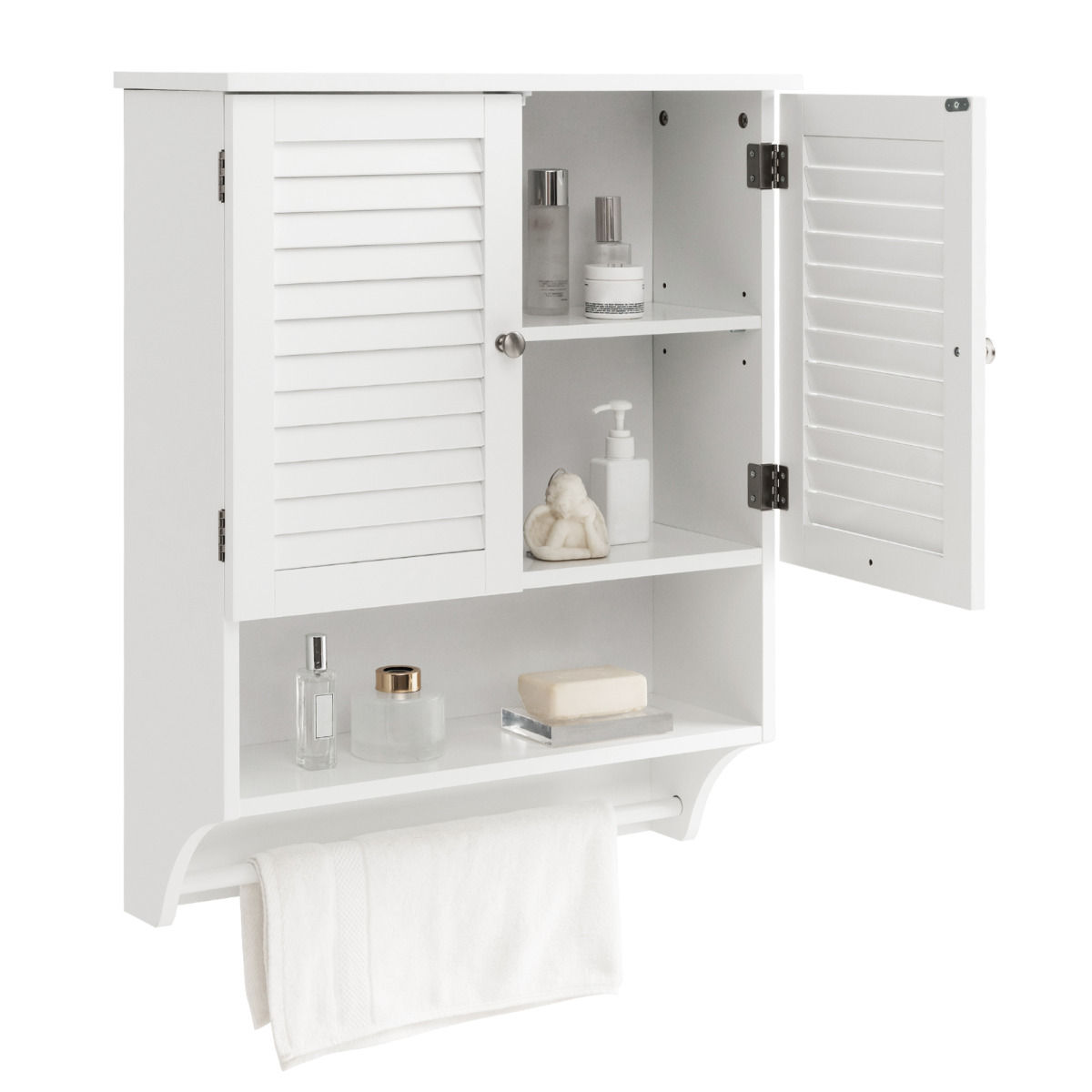 Armario de Pared para Baño Gabinete Colgante con 2 Puertas Estante Ajustable Barra de Toalla para Lavandería Cocina 60 x 22 x 75 cm Blanco Costway