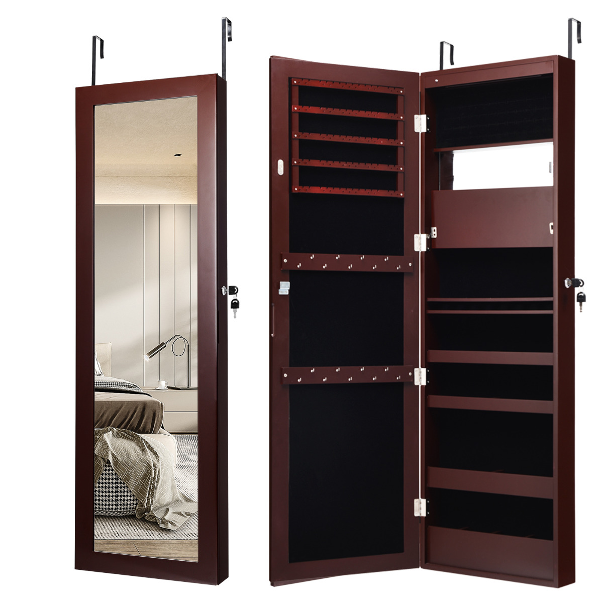 Armario Joyero con Espejo de 12 LED Organizador de Joyas Montado en Pared Caja de Joyería 37 x 8,5 x 120 cm Marrón Costway