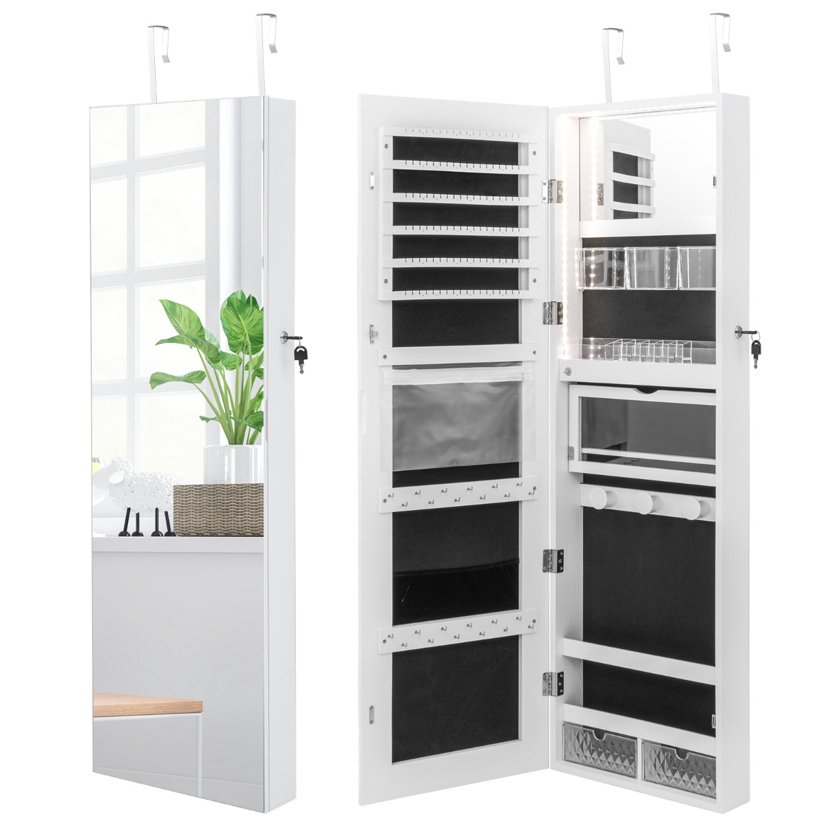 Armario Joyero con Espejo de Cuerpo Entero Organizador de Joyas con Cerradura Luces de 3 Colores Montado en Pared y Puerta 120x37cm Blanco Costway