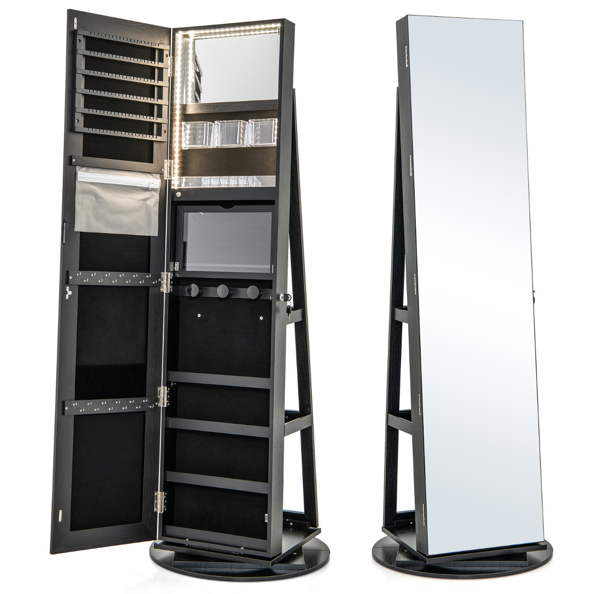 Armario Joyero Giratorio 360° con Luces LED Espejo de Cuerpo Entero Estantes de Almacenamiento 54,5 x 161 cm Negro Costway