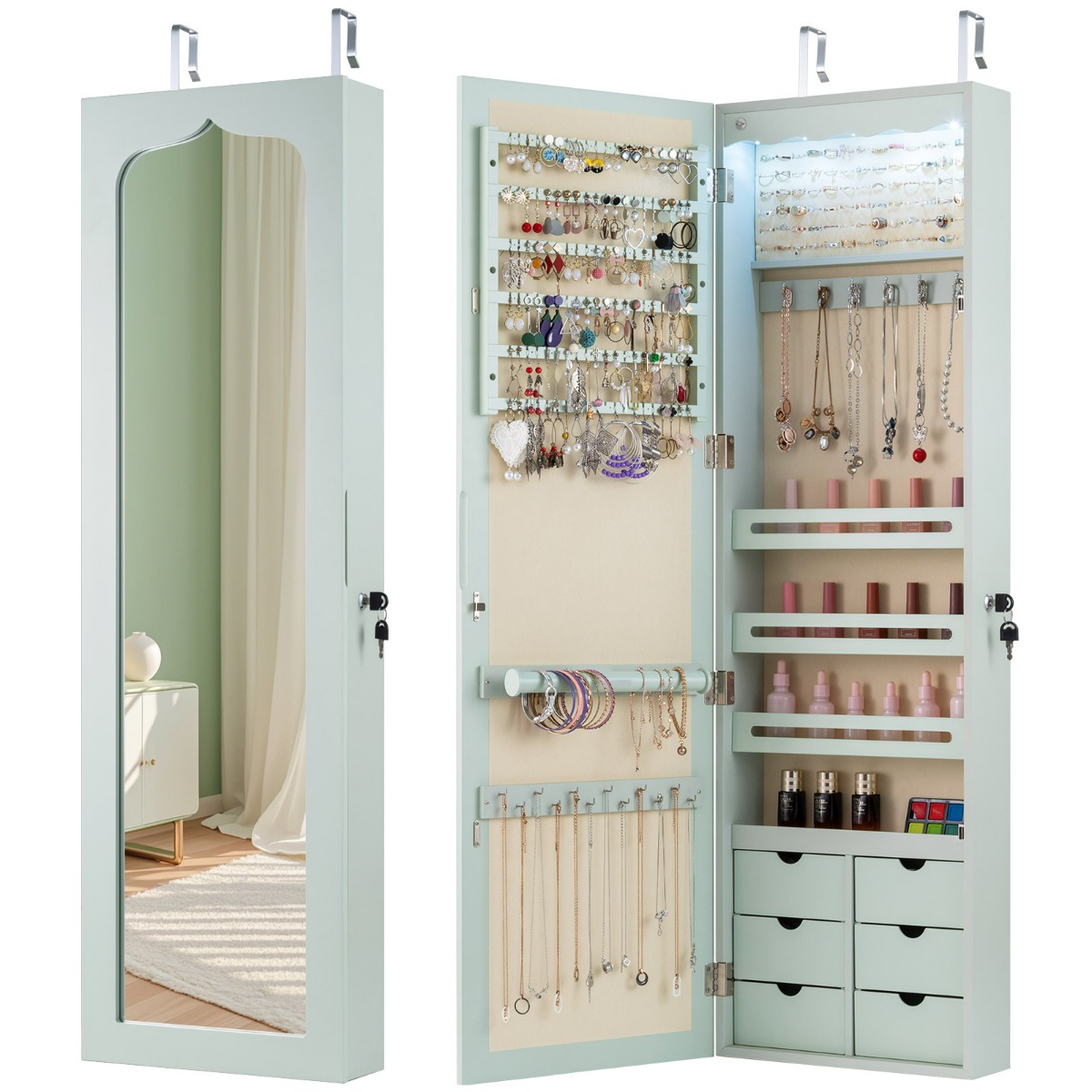 Armario para Joyas con Espejo Iluminación LED Cerradura Estante para Joyero Organizador Montar en Puerta y Pared 36,5 x 11,5 x 120 cm Verde Costway