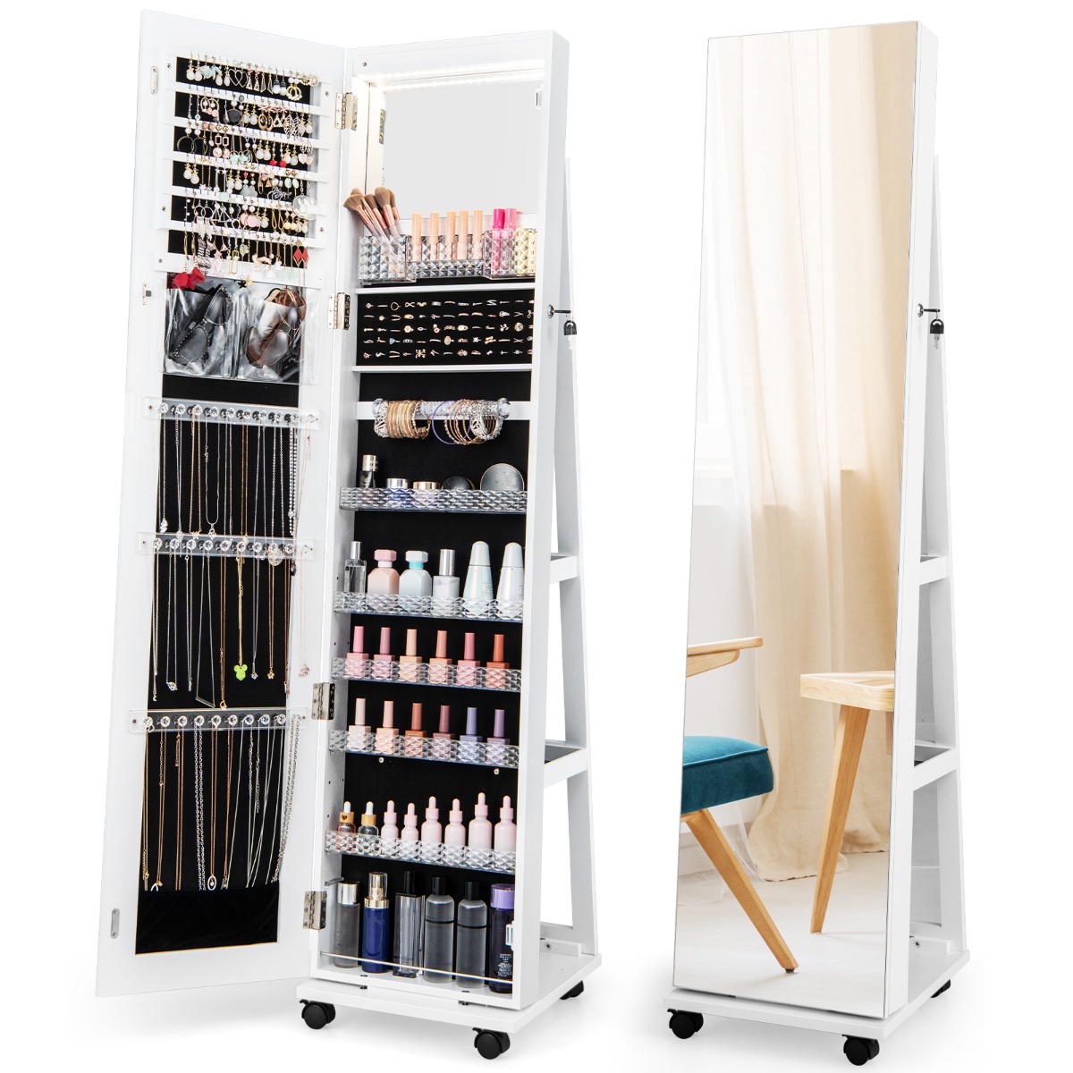 Armario para Joyas con Cerradura Espejo de Maquillaje LED de 3 Colores Estantes Ajustables y Ruedas Universales 40 x 38 x 164 cm Blanco Costway