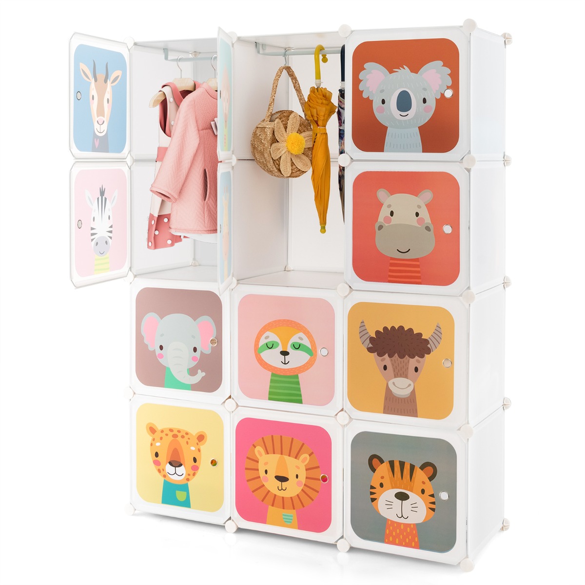 Armario Portátil para Niños 12 Cubos con 2 Secciones para Colgar Cubos para Juguetes Organizador Modular DIY-Blanco Costway