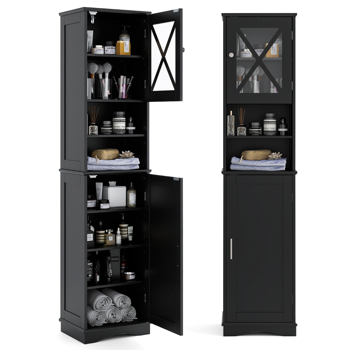 Armario de Baño con Puerta de Acrílico y Estantes Ajustables 2 Compartimentos Abiertos para Baño Salón 40 x 30 x 170,5 cm Negro Costway