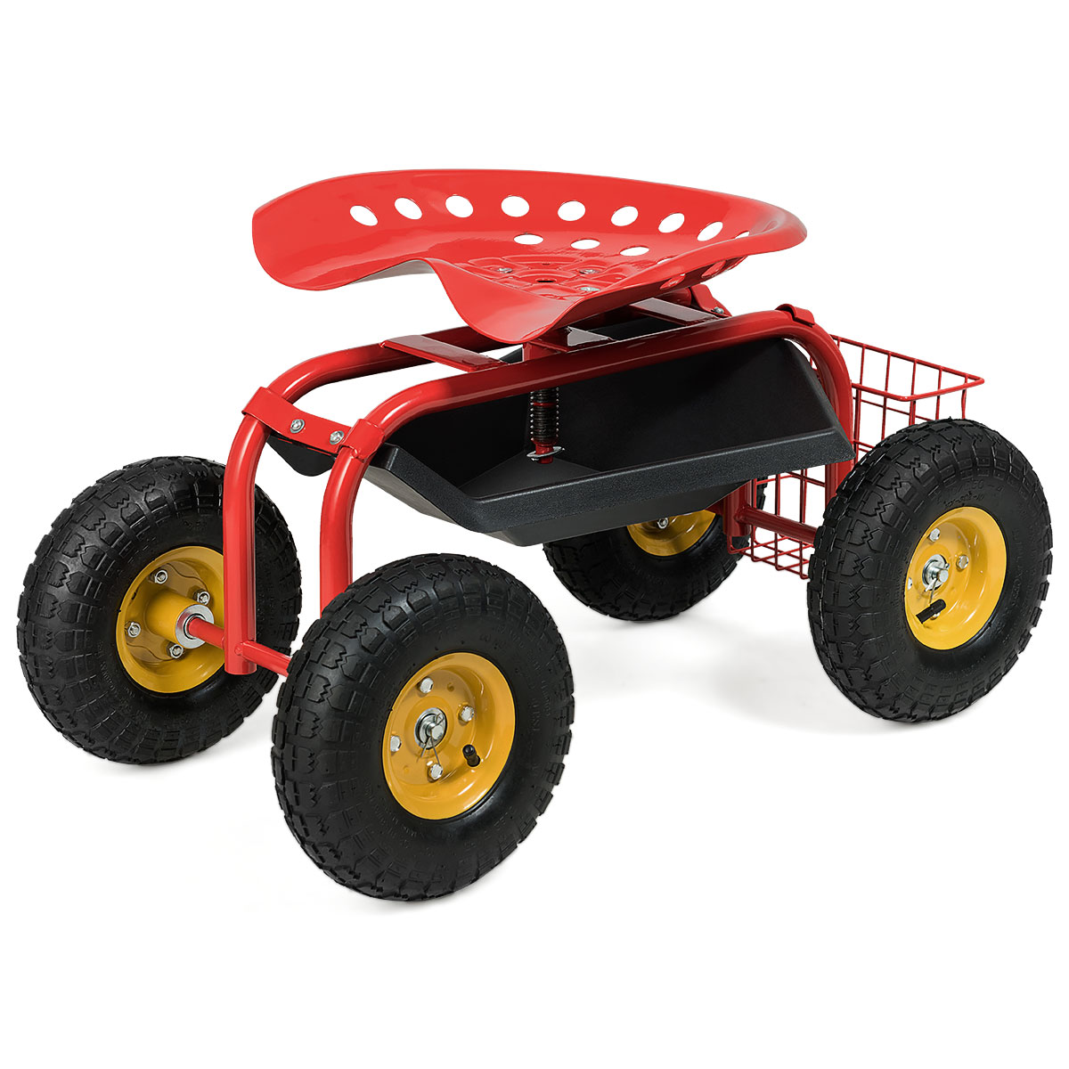Asiento de Trabajo de Jardinería Carro de Trabajo con Ruedas Altura Ajustable Asiento Giratorio de 360° Cesta de Almacenamiento Rojo Costway
