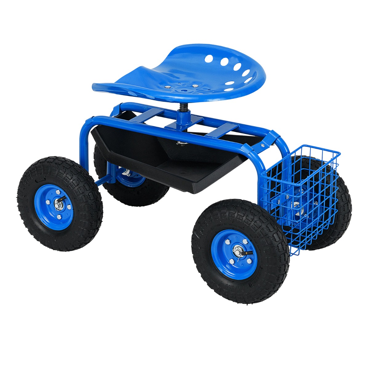 Asiento de Trabajo de Jardinería Carro de Trabajo con Ruedas Altura Ajustable Asiento Giratorio de 360° Cesta de Almacenamiento Azul Costway