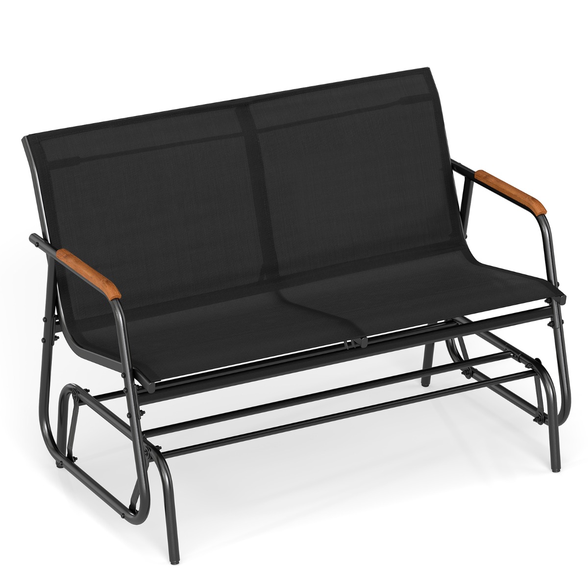 Banco Deslizante Mecedora 2 Personas Curvo Teca Transpirable Metal Carga 300kg Exterior Porche Piscina Negro Costway