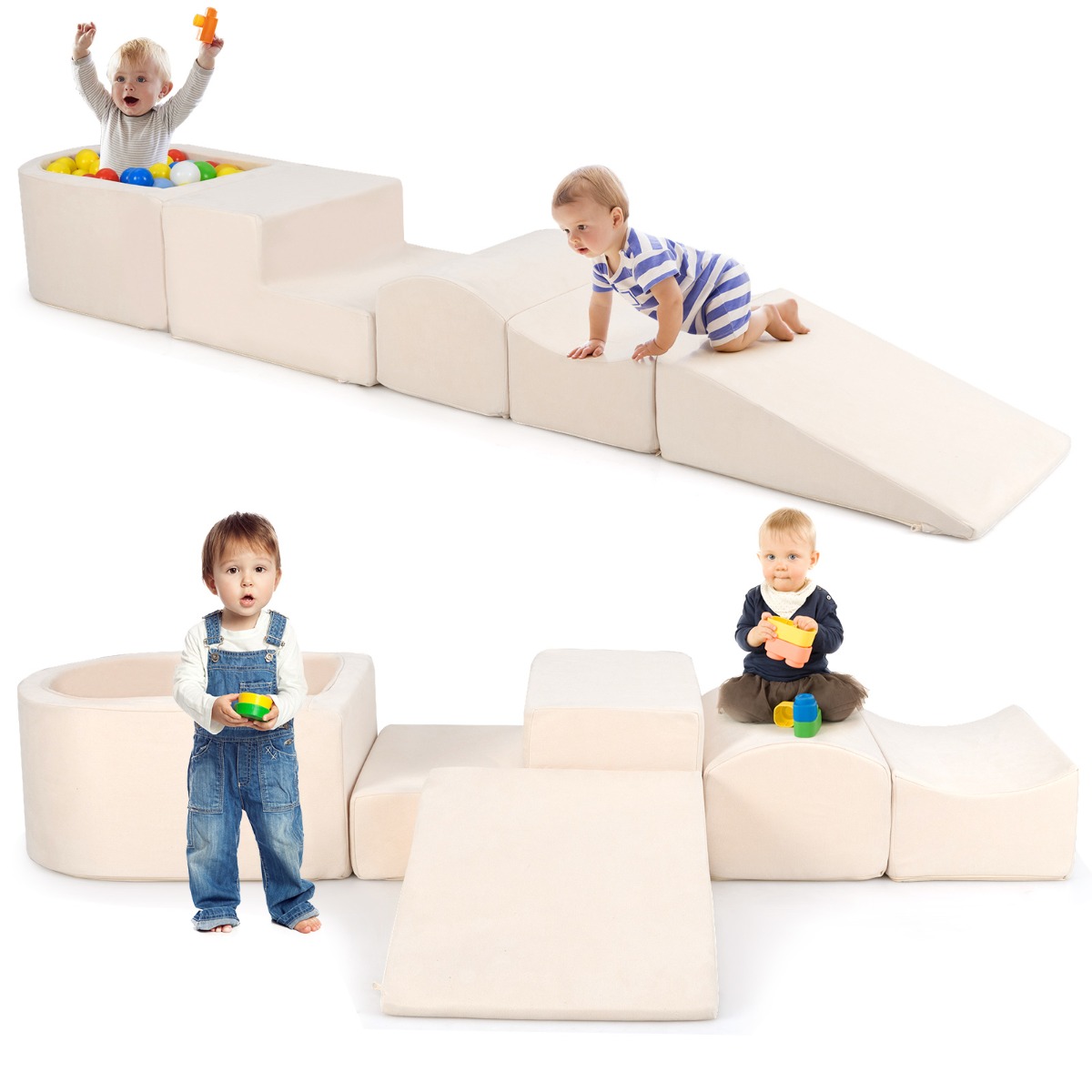 Juego de Escalada y Rampa de 5 Piezas Infantil Bloques de Construcción de Esponja con Piscina de Pelota Funda Lavable Creativo Beige Costway