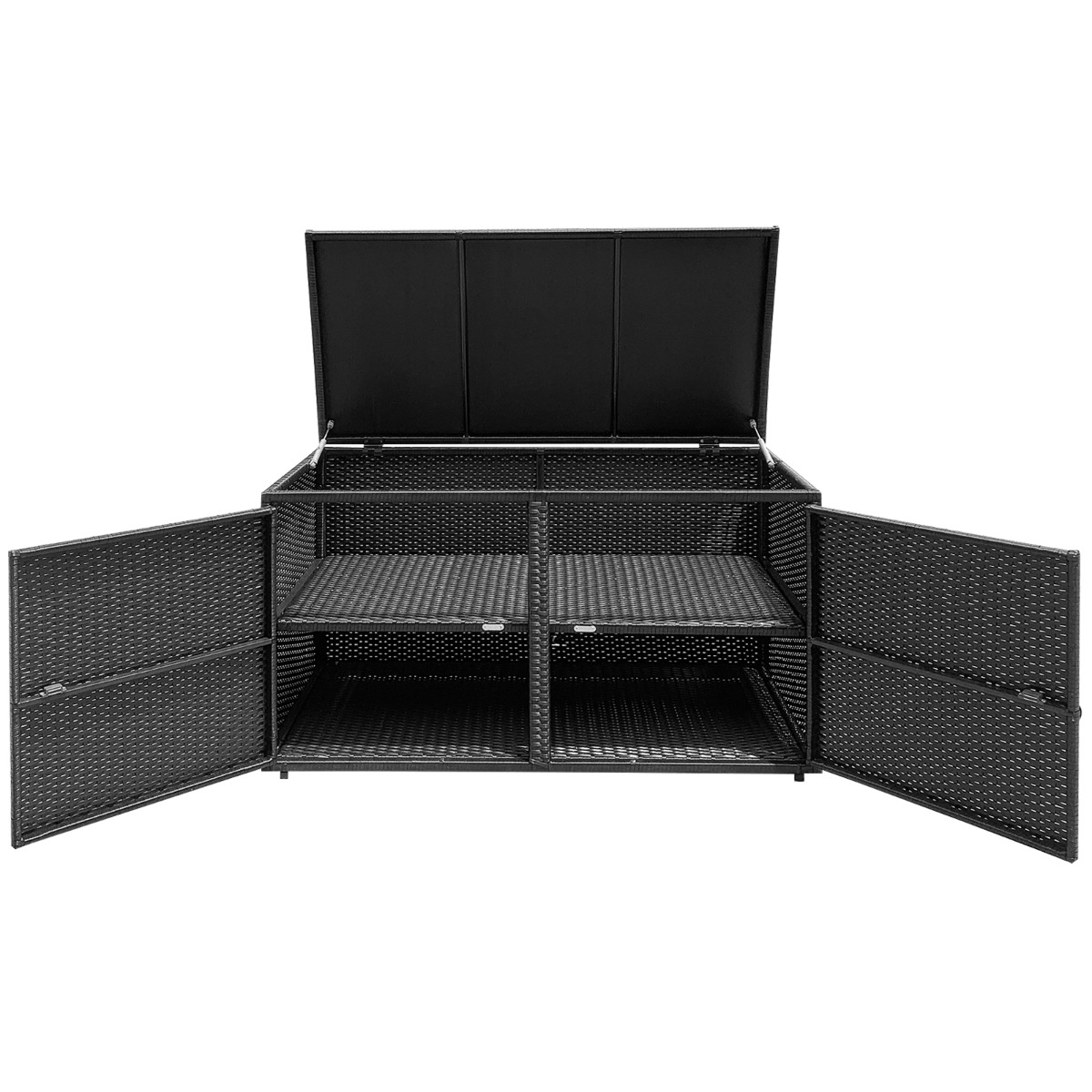 Caja de Almacenamiento de Ratán para Patio 335L Contenedor de Mimbre de Exterior Cubierta 2 Estantes 115 x 60 x 65 cm Negro Costway