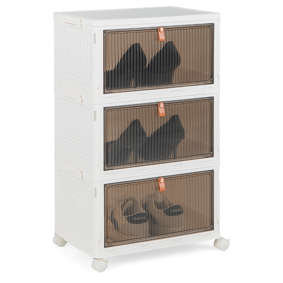 Cajas para Zapatos Plegable de 3 Niveles con Puertas Magnéticas Transparentes y Ruedas Universales Bloqueables 40 x 27,5 x 64 cm Blanco Costway