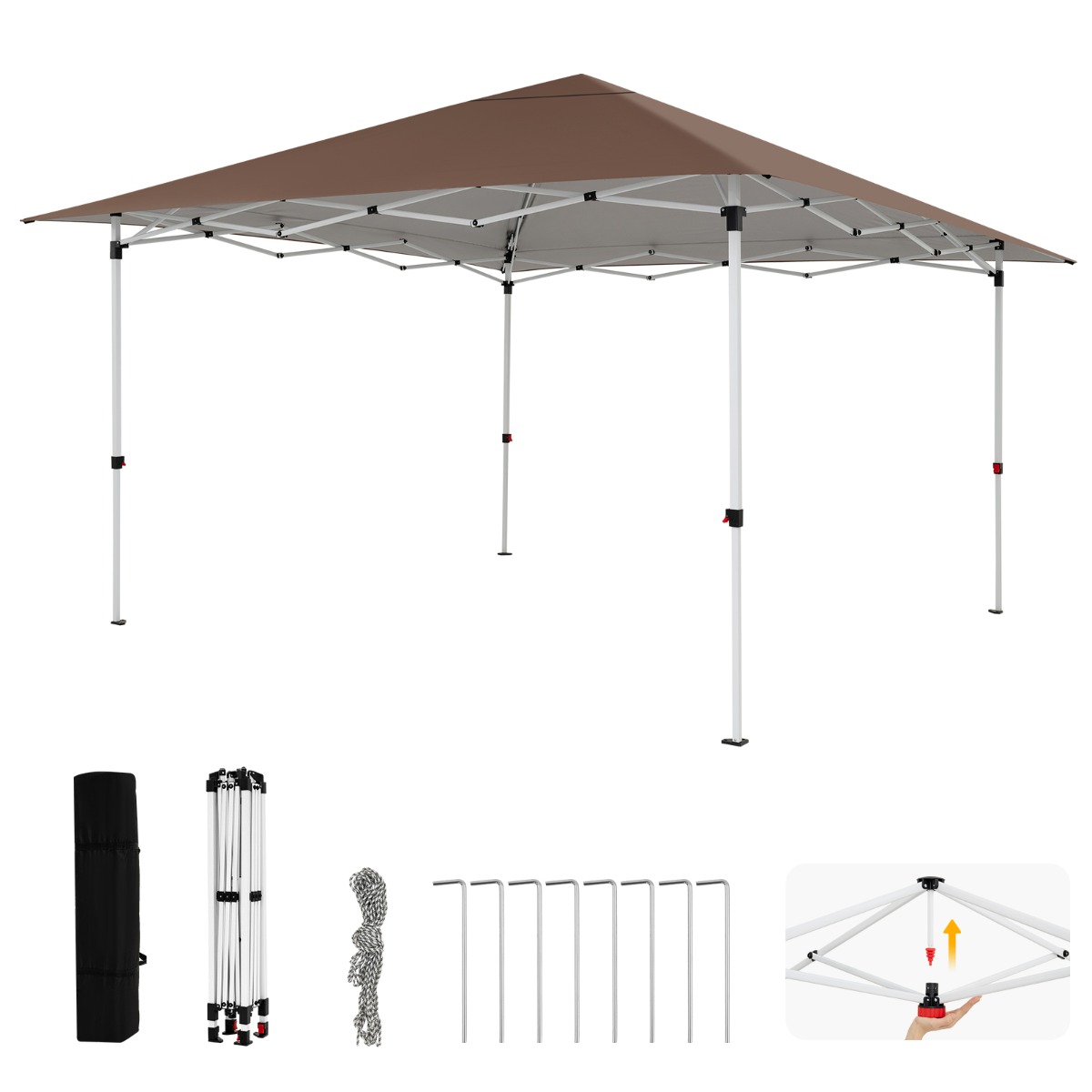 Carpa Plegable Emergente Cenador Jardín Altura Ajustable 3 Posiciones Estacas Cuerdas Antiviento Bolsa Transporte Gazebo Portátil Marrón Costway
