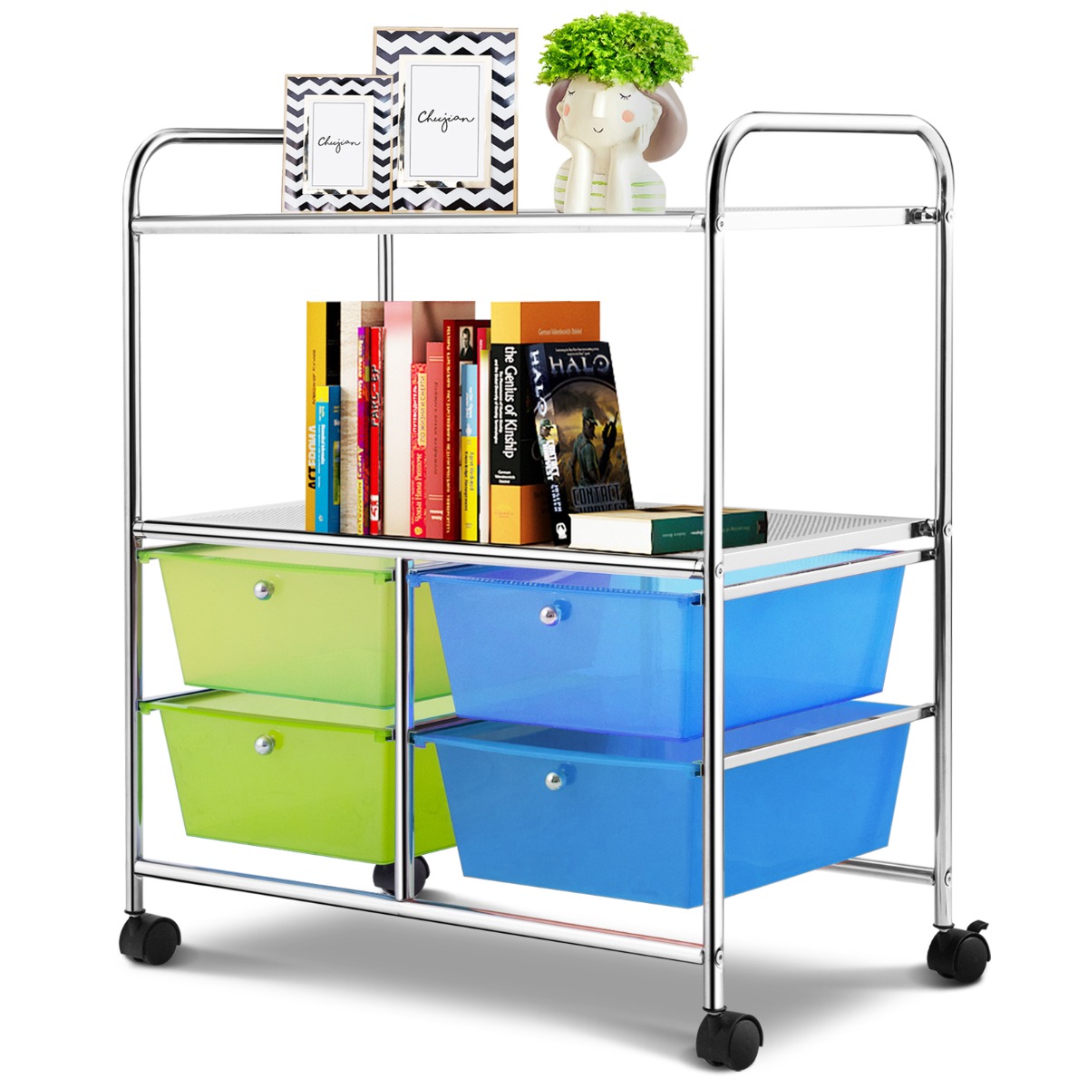 Costway Carro Multiusos con Ruedas Carro con 4 Cajones y 2 Estantes para Baño de Cocina 58,5 x 37 x 75 cm Azul y Verde