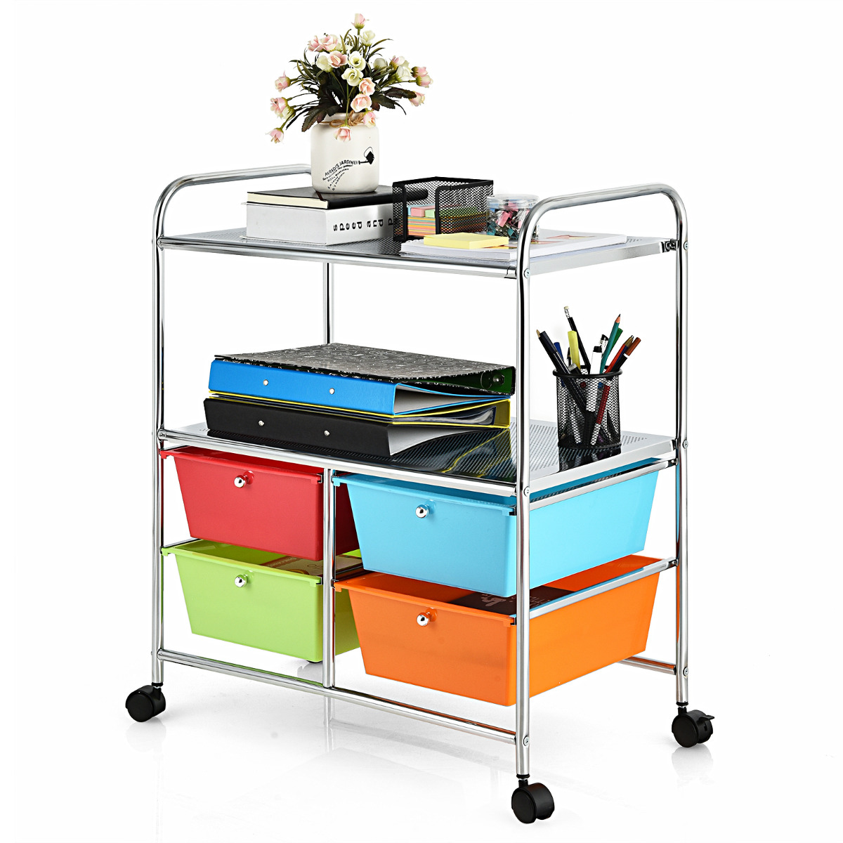 Costway Carrito Auxiliar con 4 Cajones Apilables y 2 Estantes 4 Ruedas Organizador para Cocina Baño Oficina 58,5 x 37 x 75 cm Multicolor