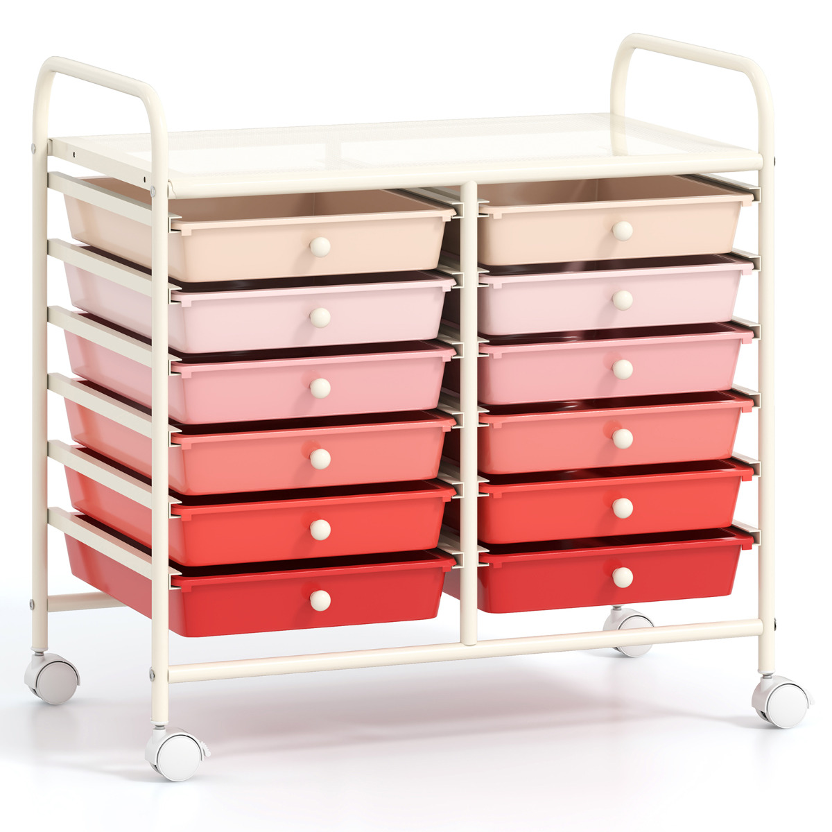 Carrito Auxiliar con Ruedas Carrito de Almacenamiento con 12 Cajones Extraíbles Organizador con Mangos para Cocina 64 x 38 x 62 cm Rosa Costway