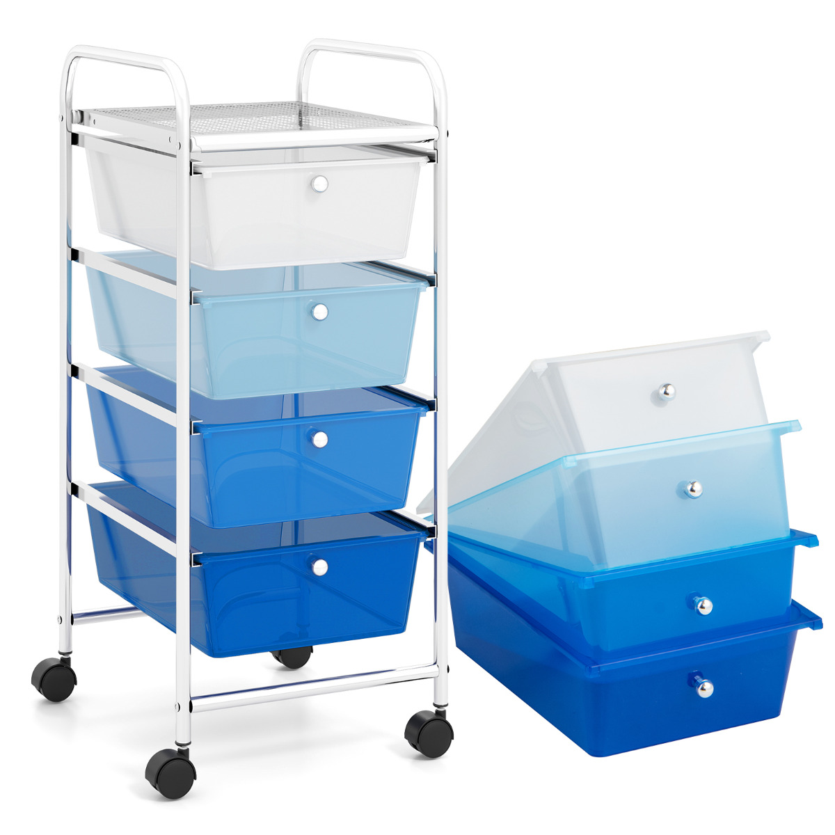 Carrito de Almacenamiento Móvil con 4 Cajones Ruedas Carro Auxiliar Organizador para Baño Hogar Oficina 37 x 32 x 76 cm Azul Costway