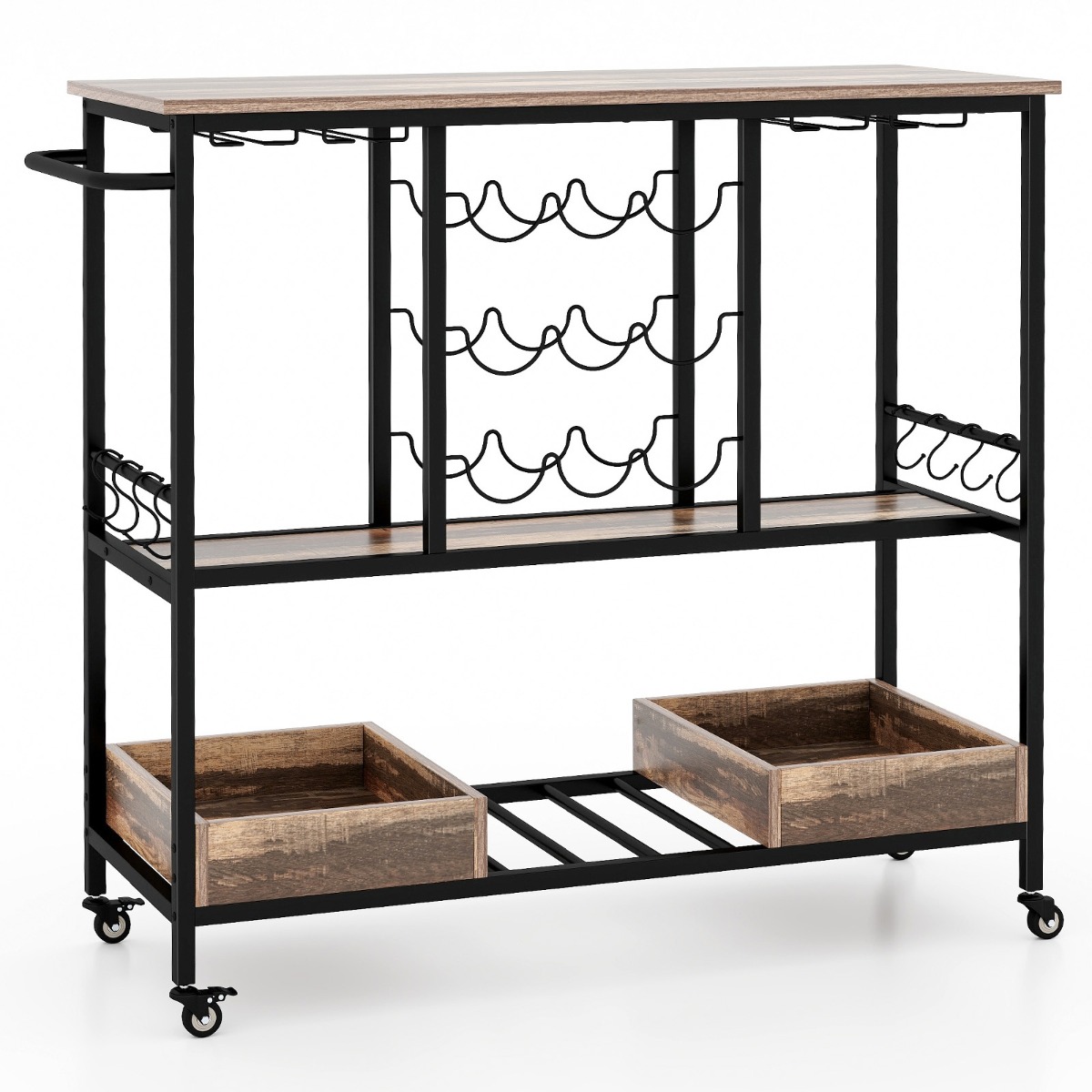 Costway Carrito de Bar de 3 Niveles con Ruedas Soportes para 8 Copas 9 Botellas 8 Ganchos Laterales Cajas de Almacenamiento para Cocina Gris