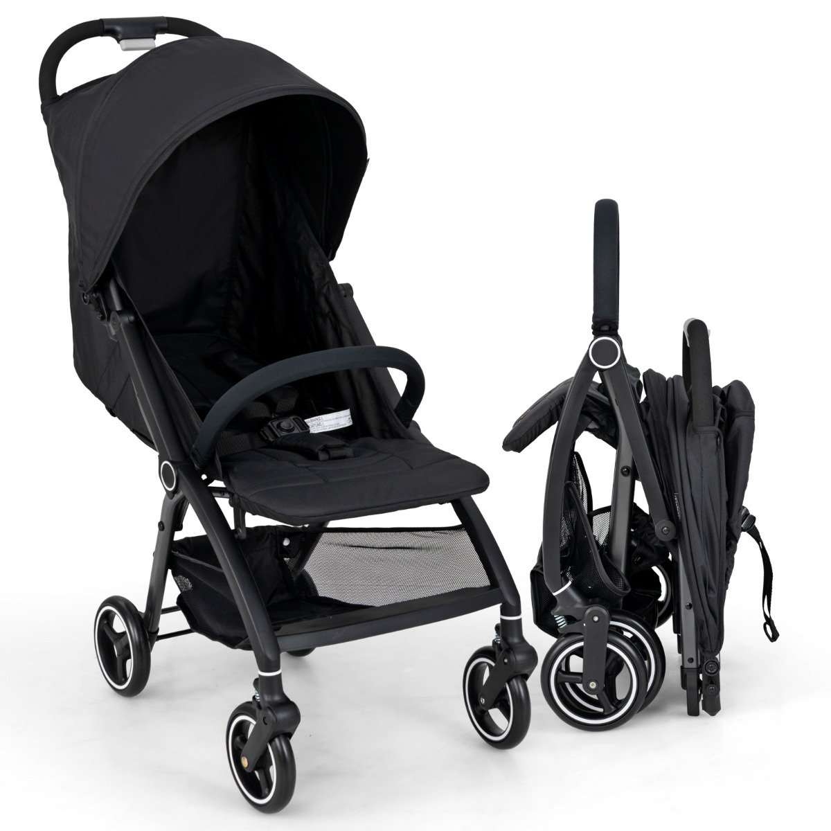 Carrito de Bebé Ligero Plegado con Una Mano Cochecito Plegable para Bebé con Respaldo Ajustable Capota y Arnés para Bebé de 0-36 Meses Negro Costway