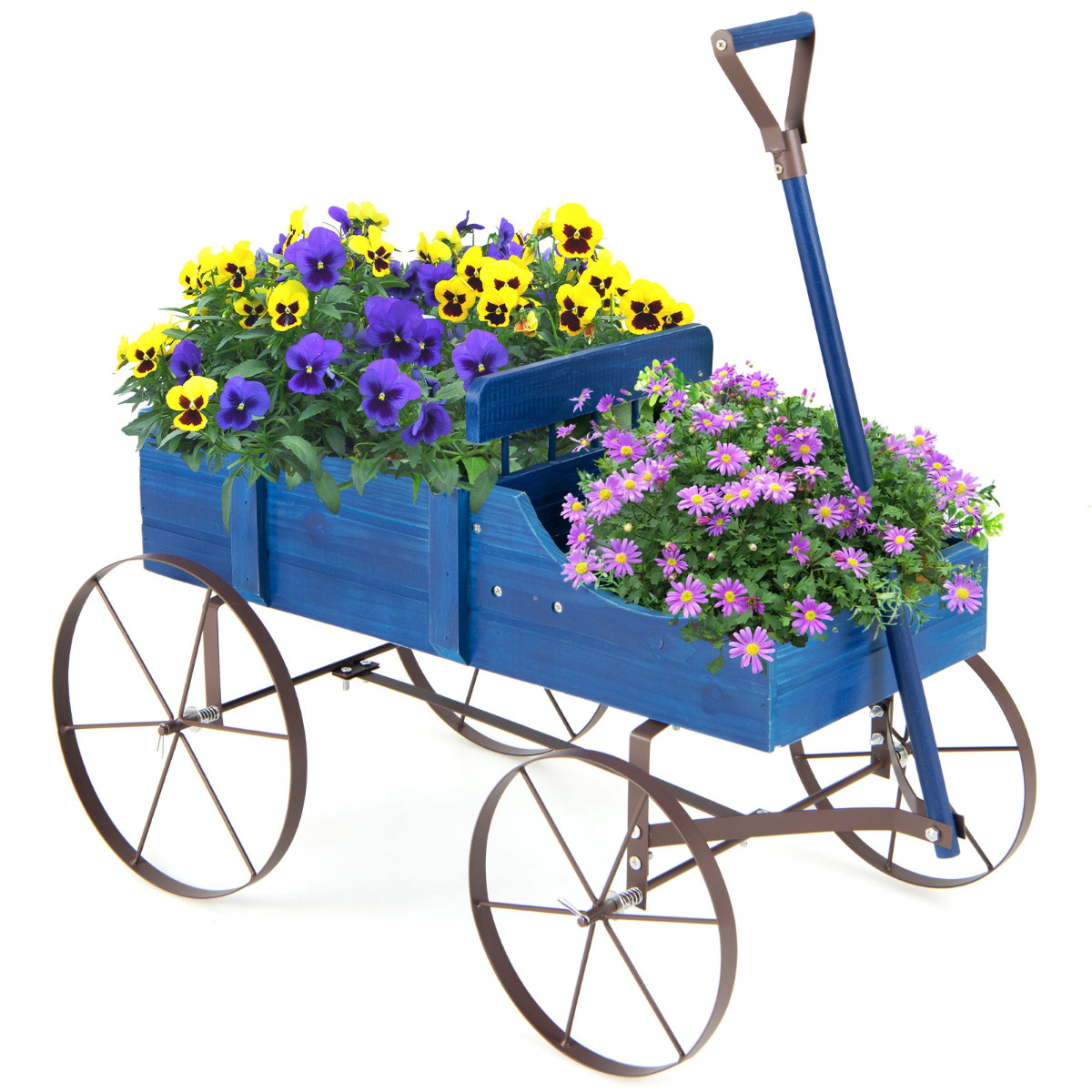 Carrito de Madera Maceta Decorativa con Ruedas y 2 Secciones para Plantas Jardín Patio Azul 62 x 34 x 60 cm Costway