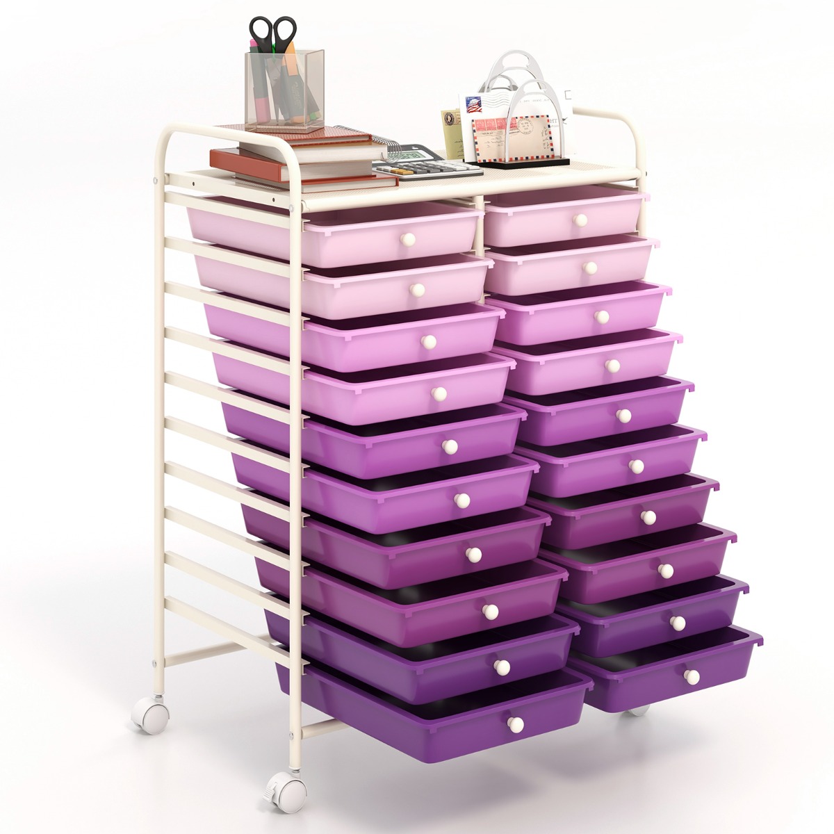 Carro con 20 Cajones Carrito Multiuso Ligero Cajonera Organizador Herramientas para Escuela Oficina Salón 64 x 39 x 88 cm Púrpura Costway
