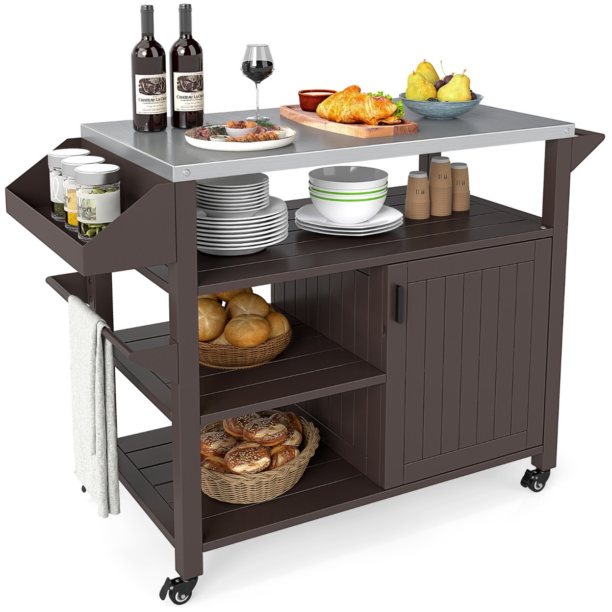 Costway Carrito con Ruedas para Barbacoa con Tapa de Acero Inoxidable Estantes Abiertos Armario para Camping 116 x 50 x 87 cm Marrón