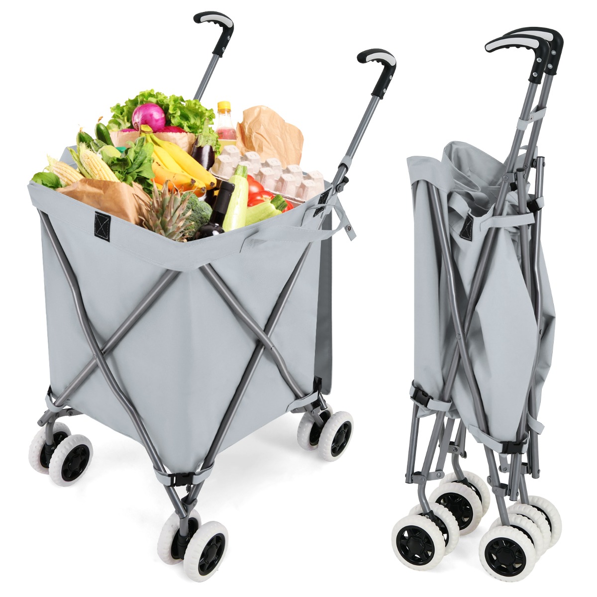 Carro de Compras Plegable con Ruedas Forro de Tela Oxford Extraíble Impermeable Carrito de Transporte Ligero 66 x 46 x 94,5 cm Gris Costway
