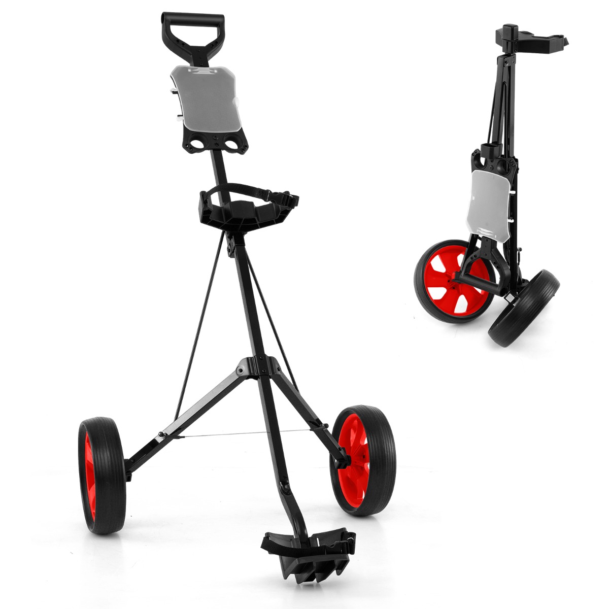 Carro de Golf Plegable Portátil Multifuncional con 2 Ruedas y Marcador Porta Sombrilla 69 x 98 x 112 cm-Rojo Costway