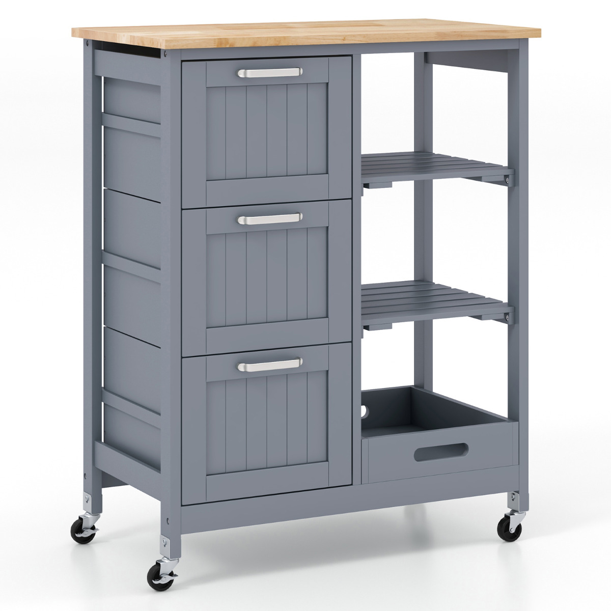 Carro de Isla de Cocina con Tapa de Madera 3 Cajones de Almacenamiento 2 Estantes Extraíbles y Bandeja 67 x 37 x 83,5 cm Gris Costway