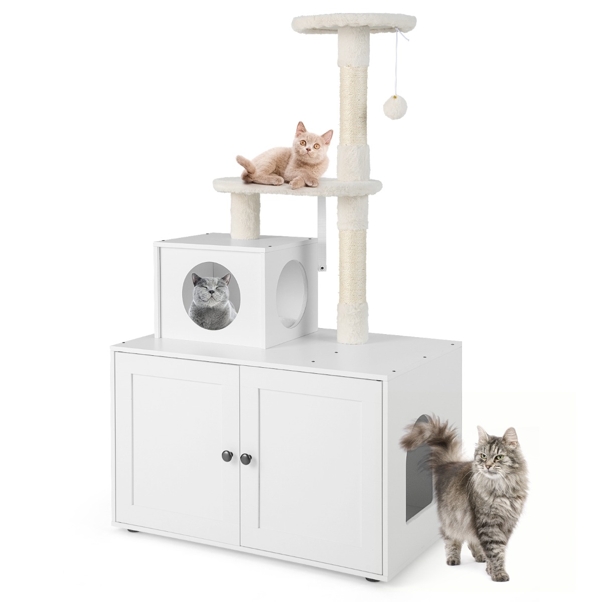 Casa para Gatos con Armario para Almacenar Caja de Arena y Torre Rascadora Armario con Escondite y División 77,5 x 49 x 132 cm Blanco Costway